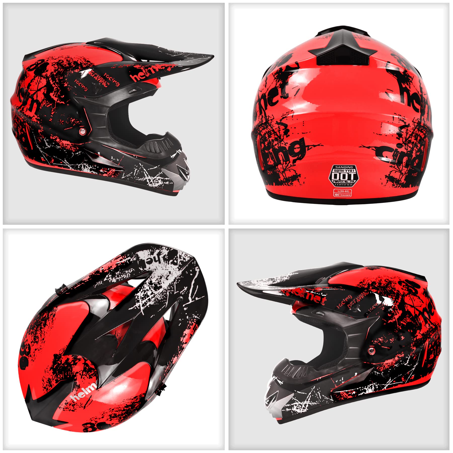 SanQing Youth Dirt Bike Helmet, DOT Approved, ABS Material, Large, Red, Model MR-TKSH24, Includes Goggles and Gloves