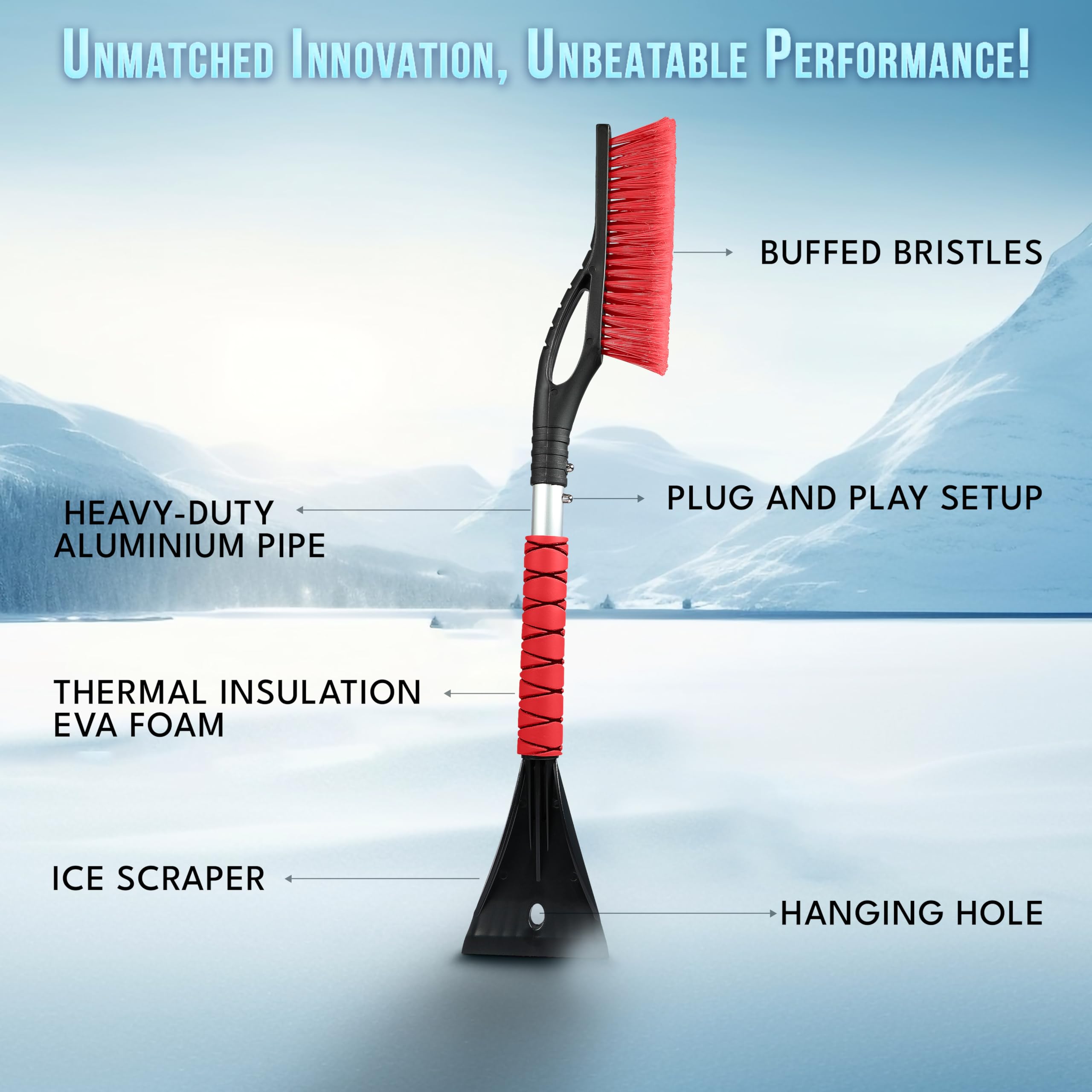 Econour 27'' Aluminum Car Snow Scraper And Brush (Orange, Red, Green & Blue) | Weaved Bristle Head With Metal Body Ice Scraper F