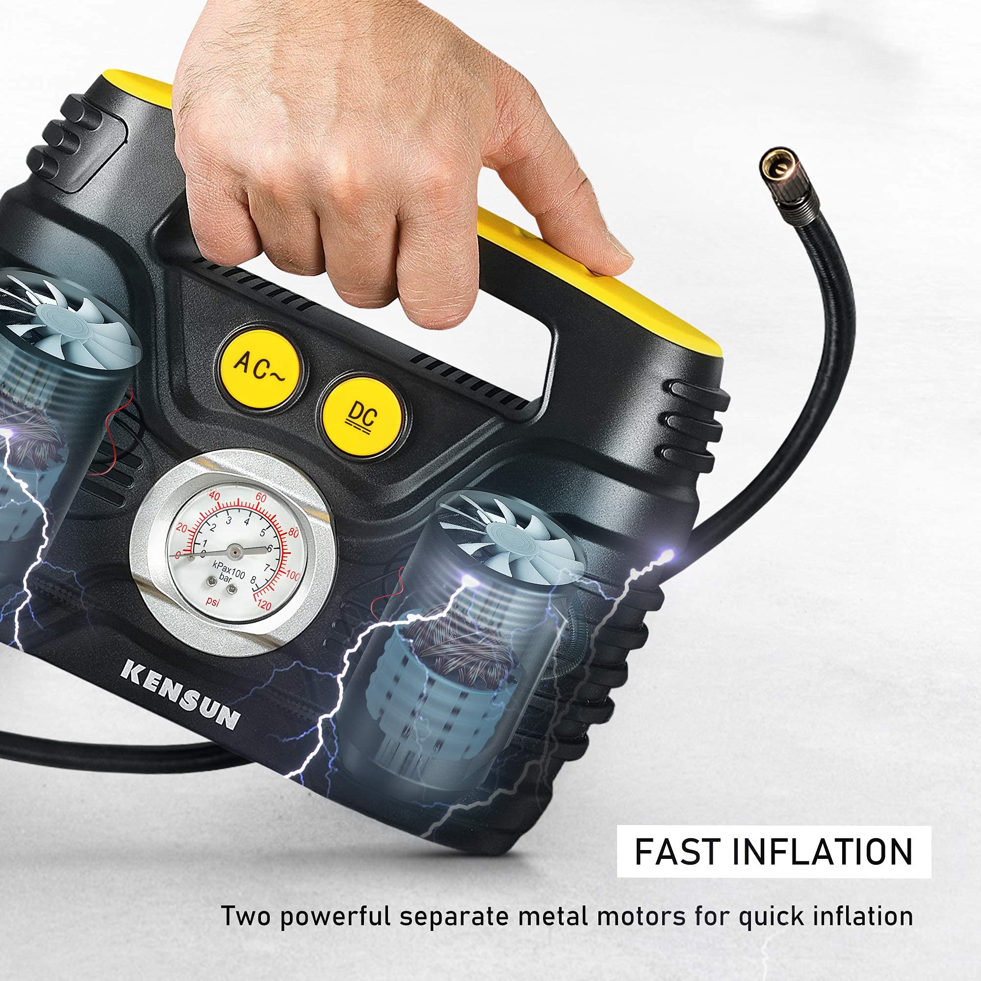 Kensun Portable Air Compressor Pump for Car 12V DC and Home 110V AC Swift Performance Tire Inflator 100 PSI for Car - Bicycle -