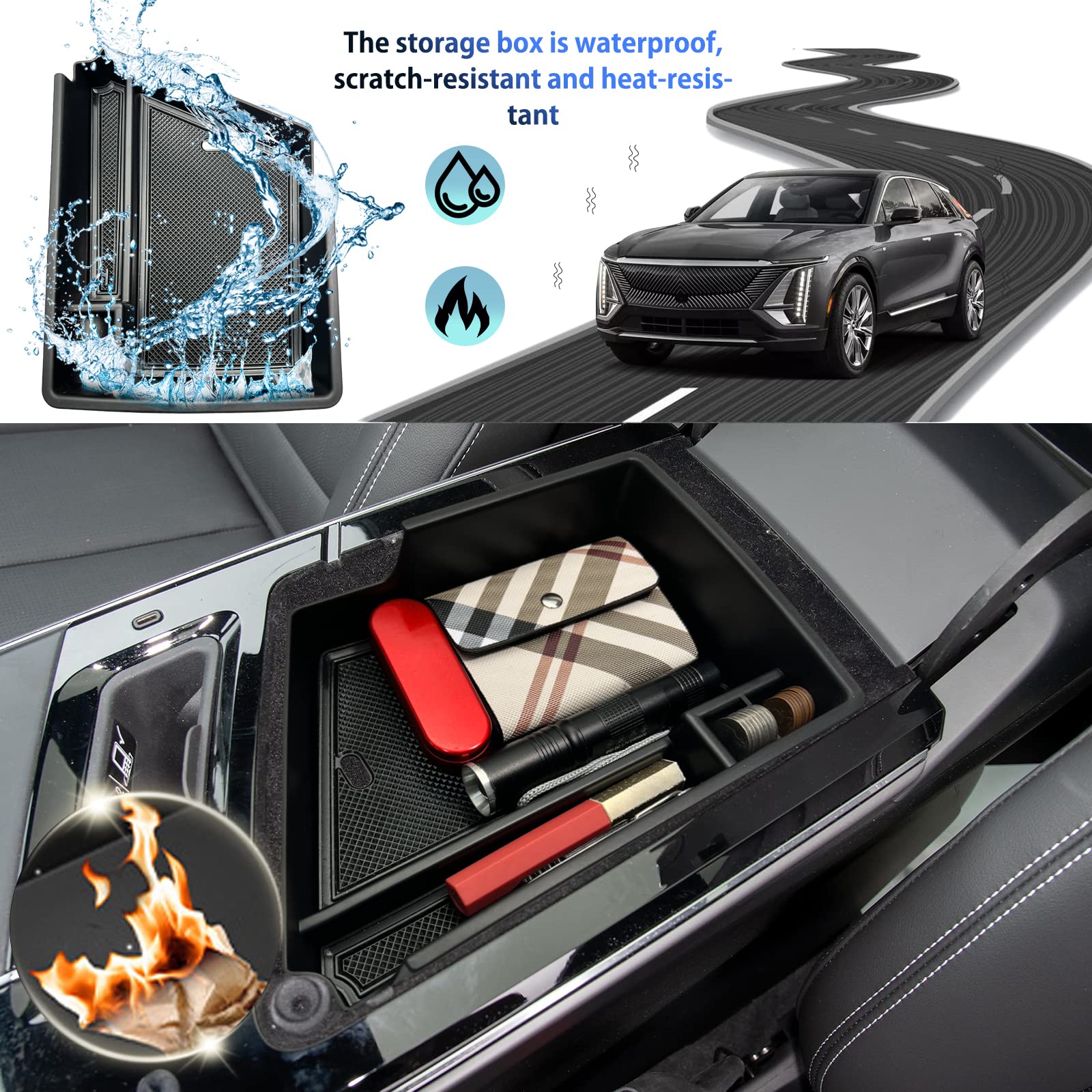 SHAOHAO Center Console Organizer for 2023-2025 Cadillac Lyriq - Armrest Insert Storage Box, Luxury & Tech Models, Black