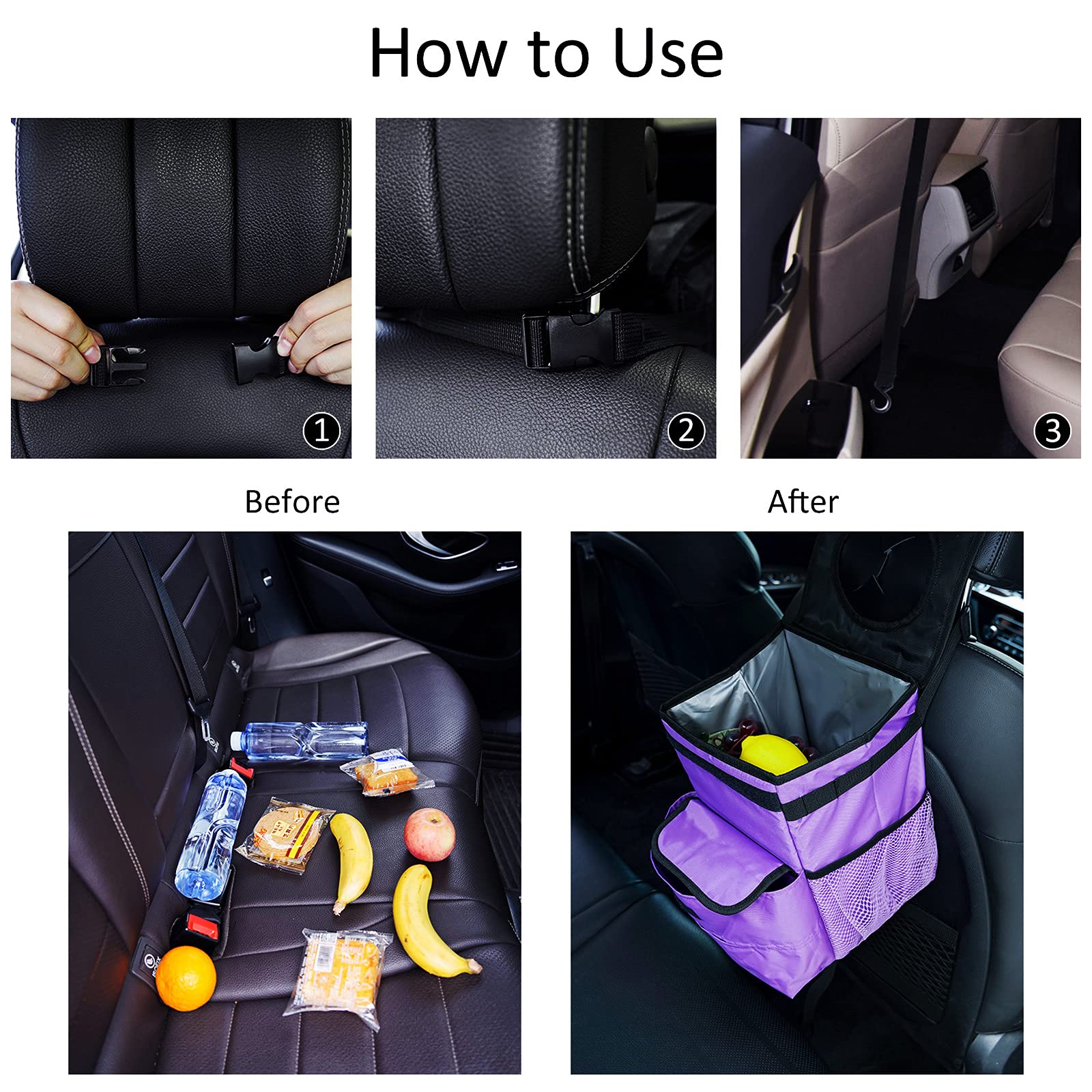 GPUSFAK Foldable Car Trash Can, 3 Gallons, Leakproof Nylon, Large, Purple, Model GPA002