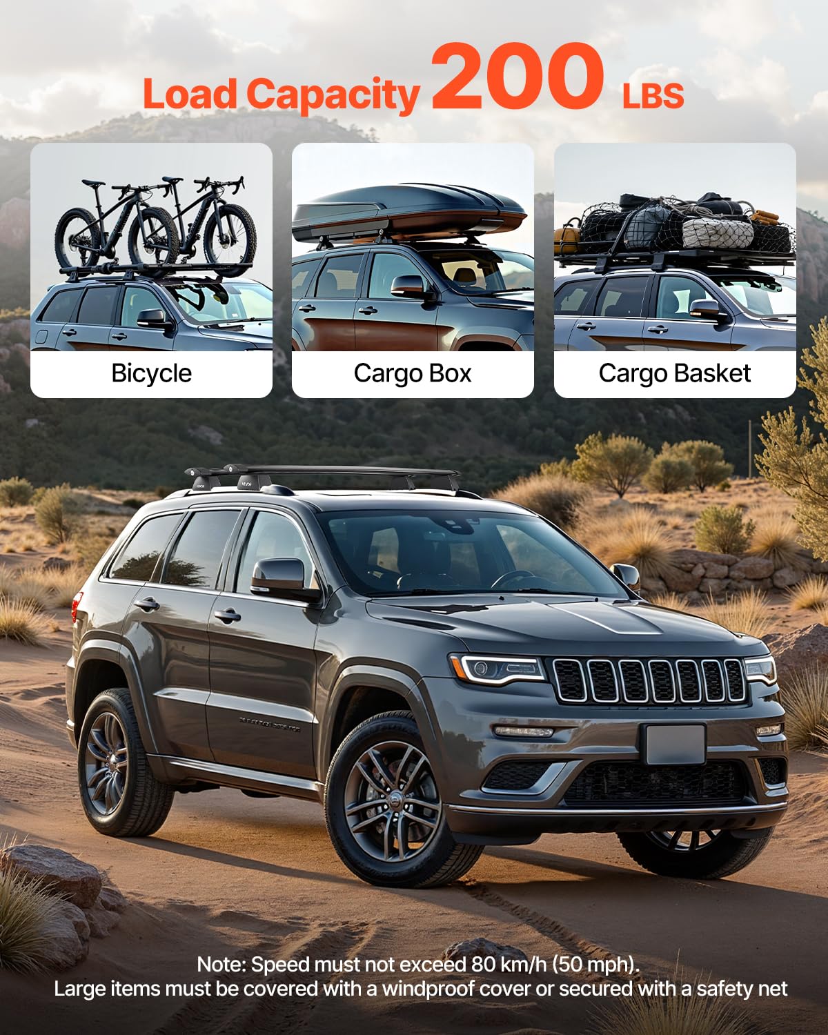 VEVOR Roof Rack Cross Bars, Fits Jeep Grand Cherokee 2014-2023 or 2011-2021 (with Grooved Side Rails), 200 LBS Capacity, Lockabl