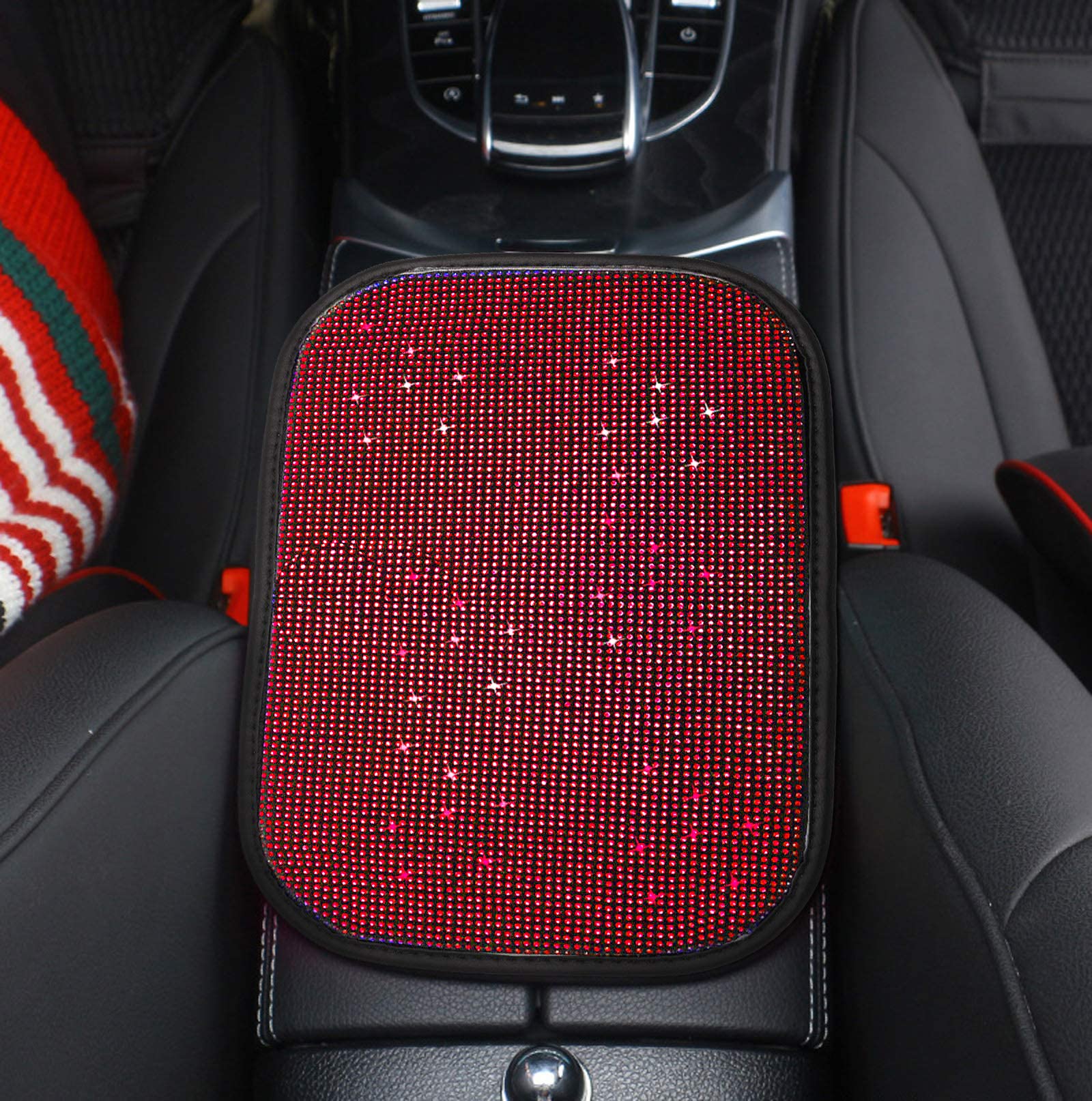 Funojoy Car Armrest Cover For Women Red Car Accessories Bling Diamond Rhinestone Auto Center Console Cover Pad Car Decor For Wom