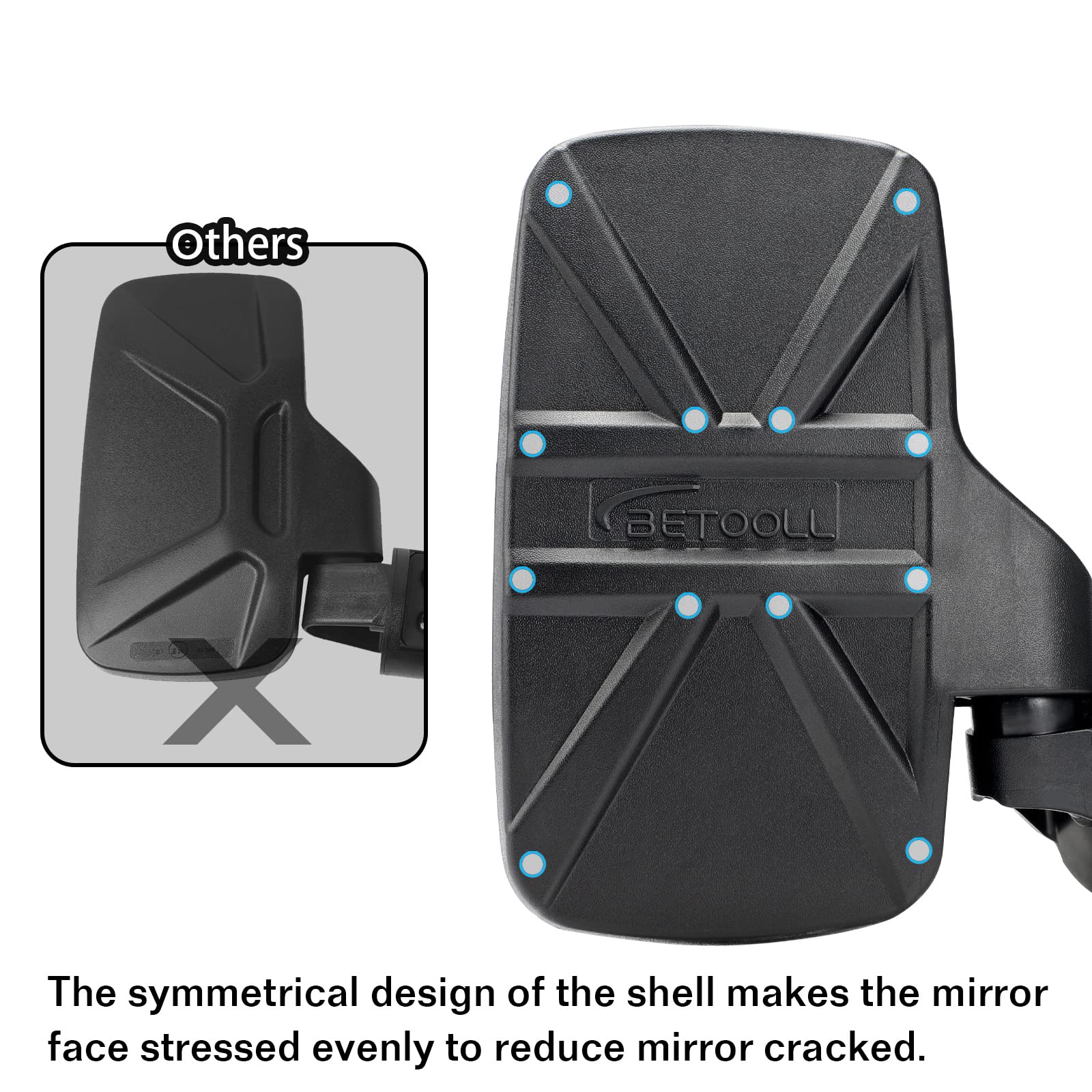 BETOOLL UTV Side View Mirrors Set - Adjustable 1.75"/2" Roll Bar, High Impact ABS, Black, Model HW8039, Pack of 2