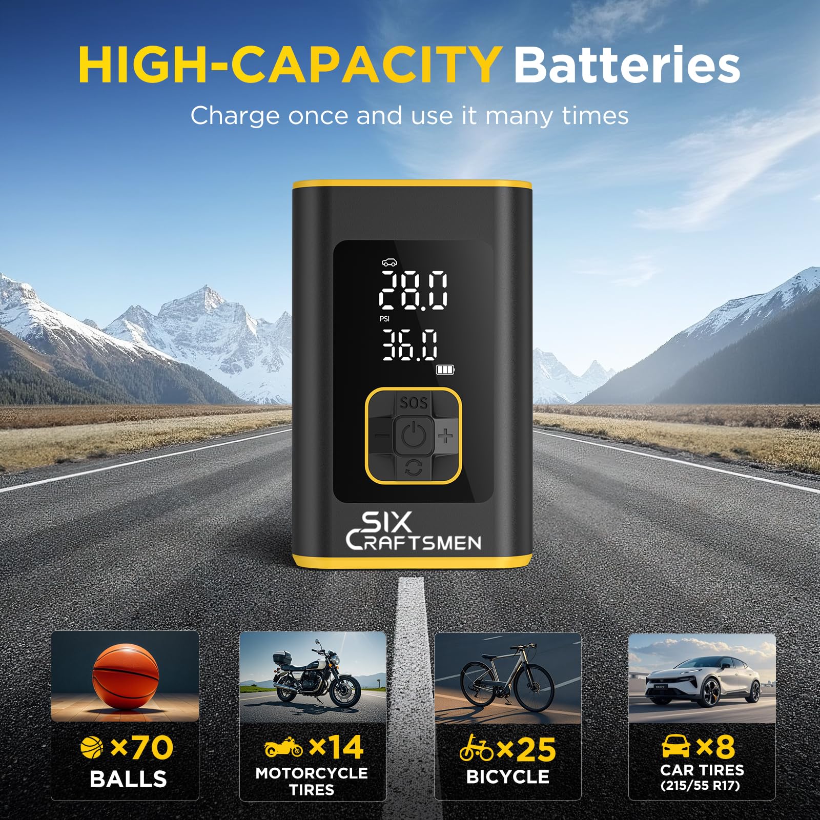 Six Craftsmen Tire Inflator Portable Air Compressor,Powerful 150PSI&4000mAh Cordless Mini Bike Air Pump For Auto, Car Tire Pump
