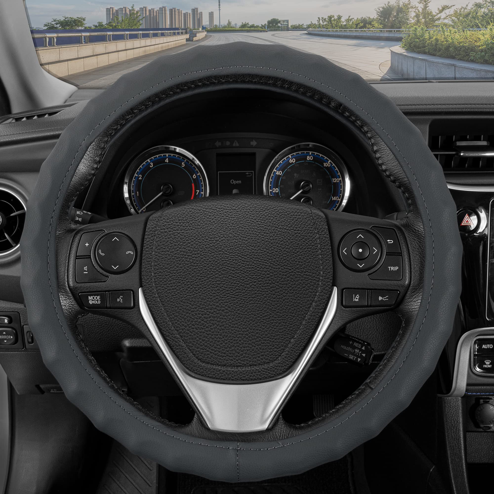 BDK Genuine Gray Leather Steering Wheel Cover for Car, Small 13.5-14 inch - Ergonomic Comfort Grip for Men & Women, Car Steering