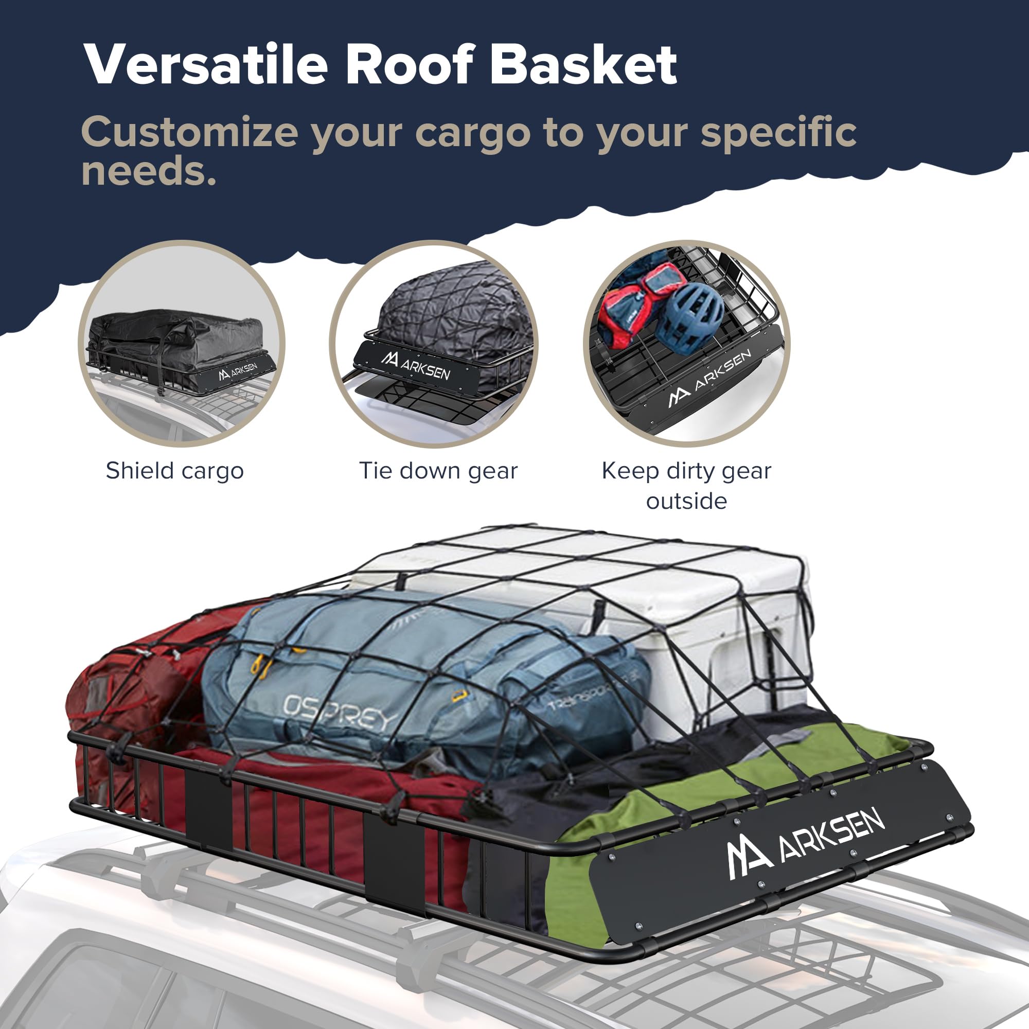 Arksen 64 X 50 X 6 Inch Universal Extra Wide 250Lb Heavy Duty Roof Rack Cargo With 500D Pvc Waterproof Cargo Bag, Nylon Cargo Ne