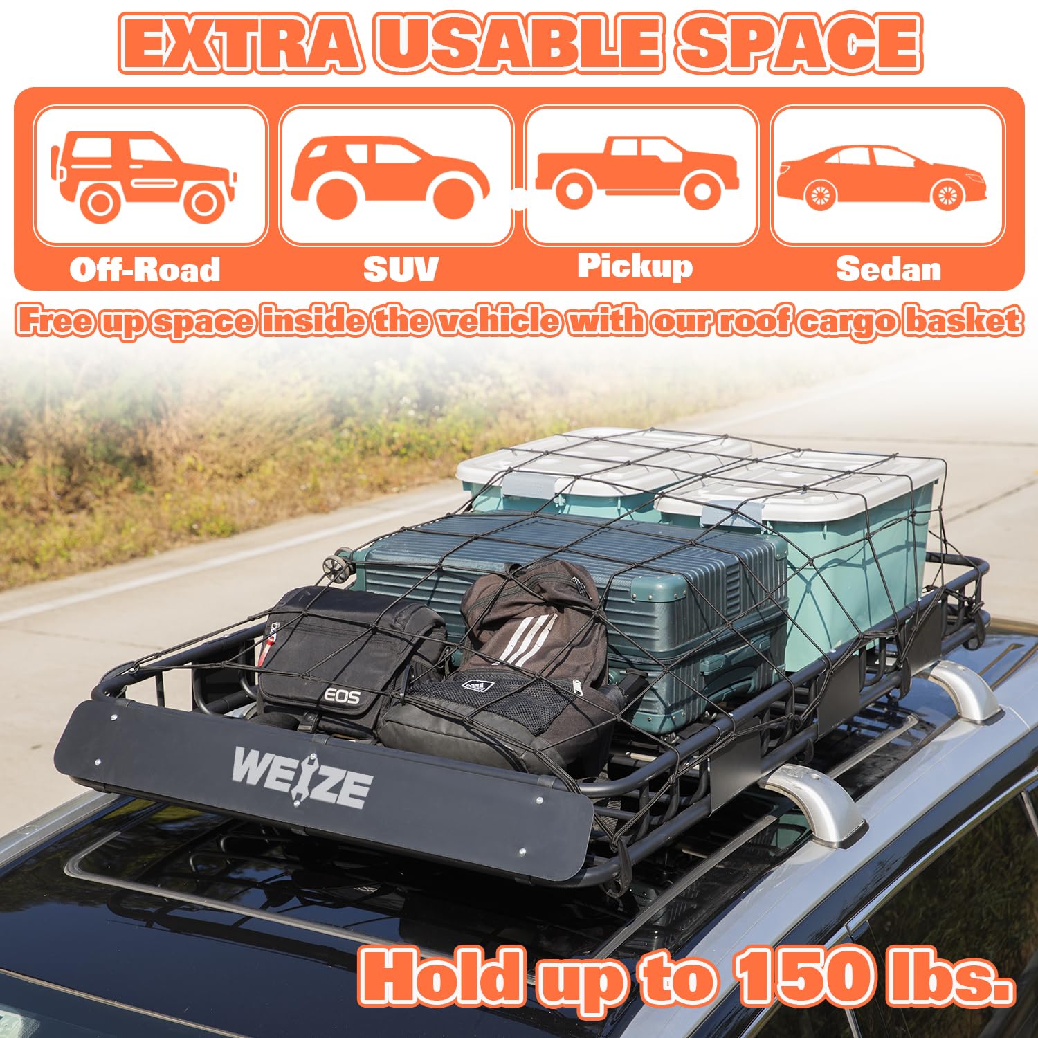 WEIZE Heavy Duty Roof Rack Cargo Carrier Basket 64"x39", Steel, Black, 200lb Capacity with Waterproof Bag & Straps, Model CCB-1034