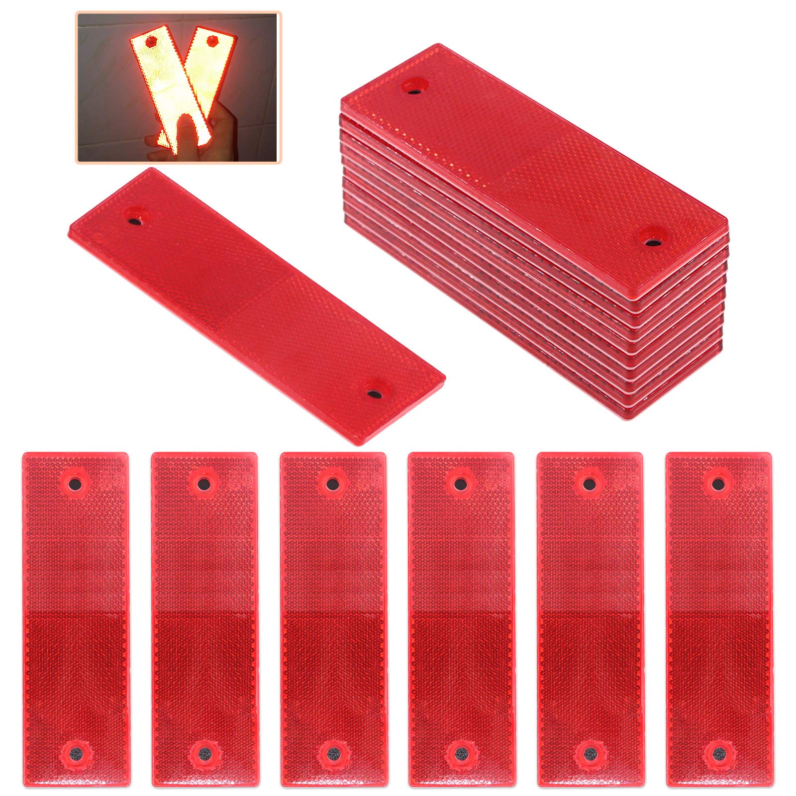 Rustark 20 Pcs Red Plastic Rectangular Stick-On Car Reflector Sticker Waterproof Reflector Tape Self-Adhesive Conspicuity Safety
