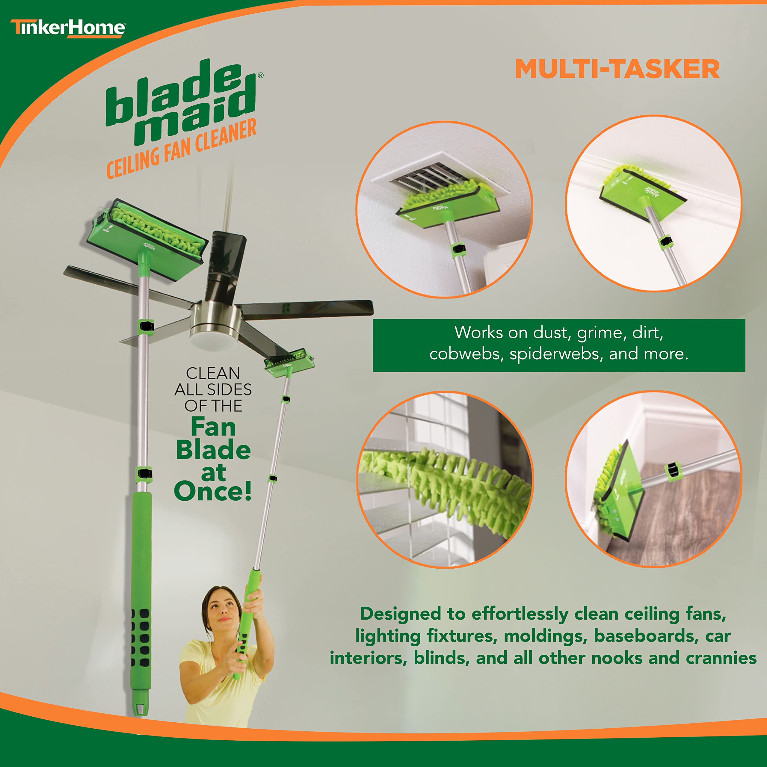 Blade Maid Ceiling Fan Cleaner - Extendable 3ft Microfiber Dusting Brush, Wall Duster, Removes Cobwebs, Reusable Pads, Kit