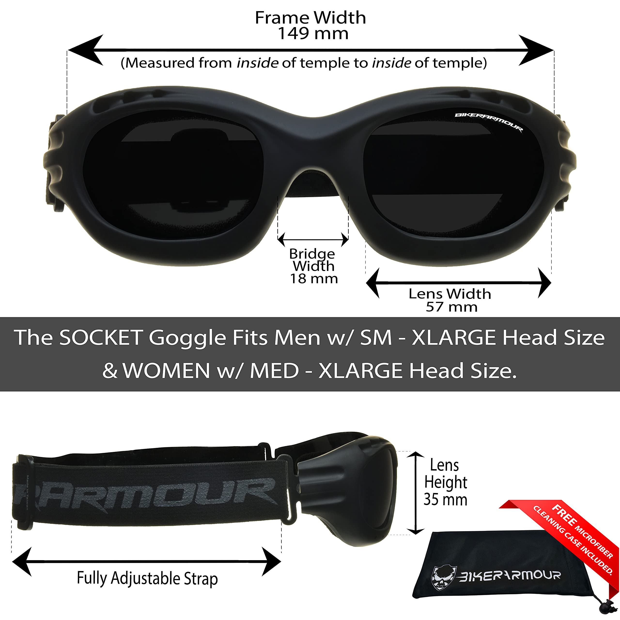 Bikershades Motorcycle Goggles Sunglasses Smoke, Clear & Night Yellow Foam Cushion Adjustable Strap Ski Sky Diving