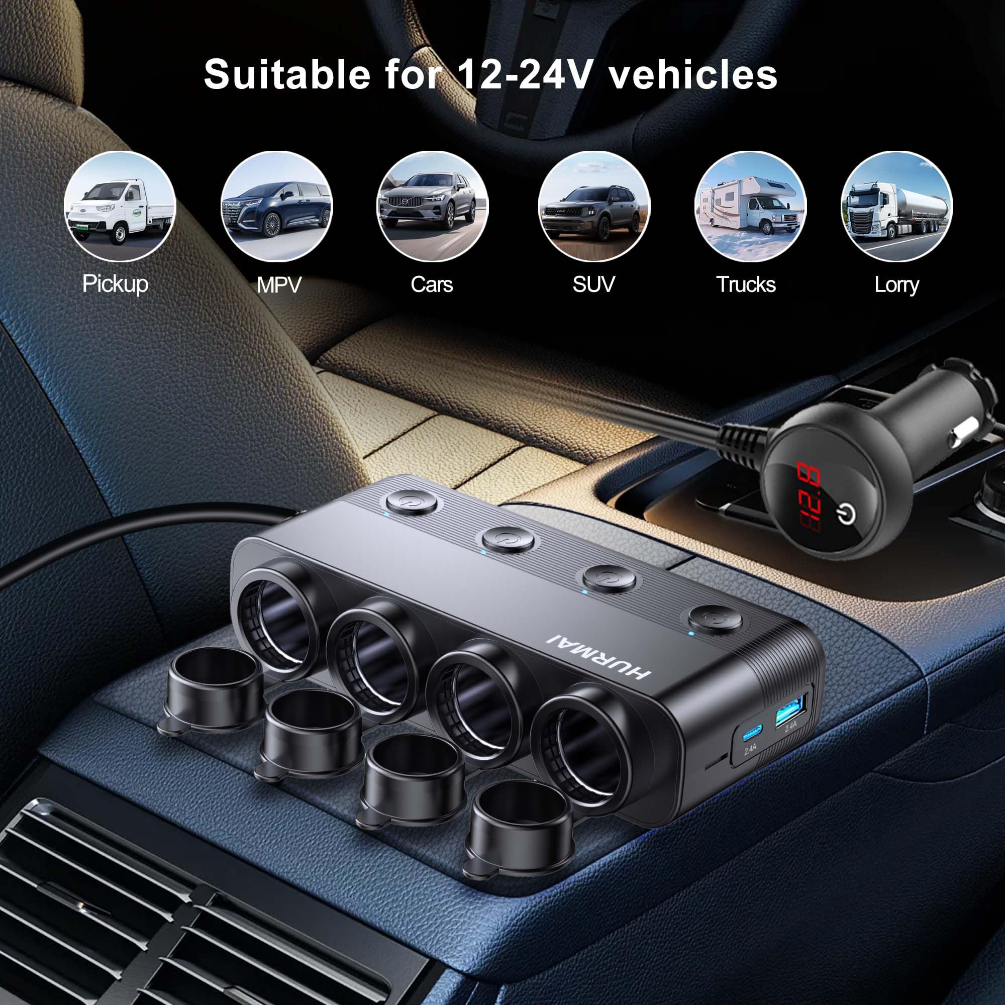 Cigarette Lighter Splitter 216W 4 Socket Car Cigarette Lighter Adapter Heavy Duty Truck Car USB Chager Multi Port USB C 12V/24V