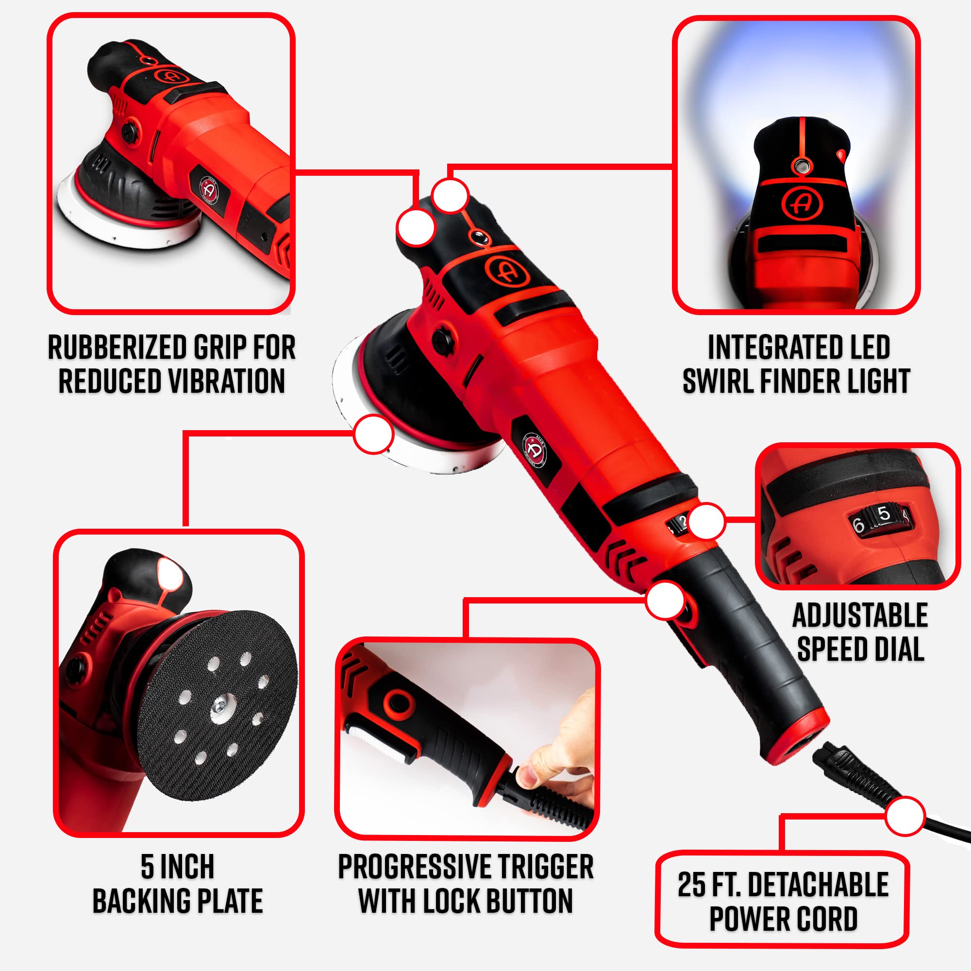 Adam's Polishes SK Pro 15mm Car Polisher - Red Aluminum Professional Buffer for Car Detailing