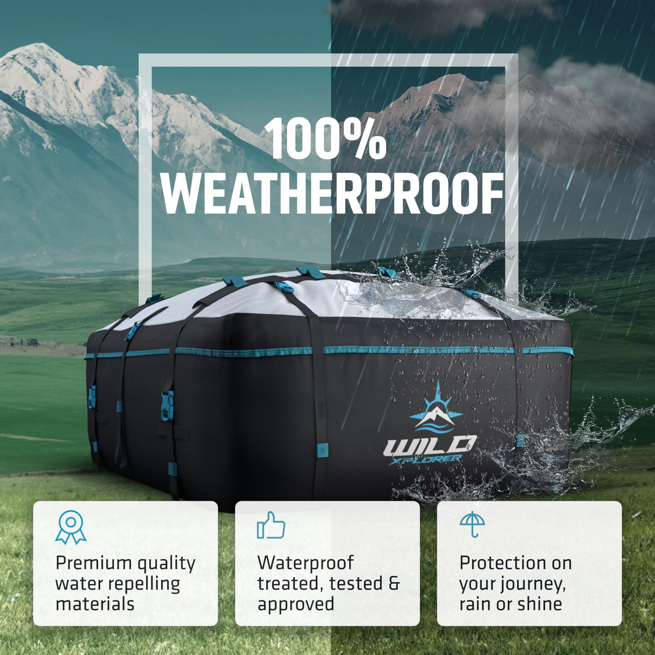 Wild Xplorer Rooftop Cargo Carrier - 15 Cuft, Waterproof Soft Shell, Heavy Duty, Electric Blue/Granite Grey/Black