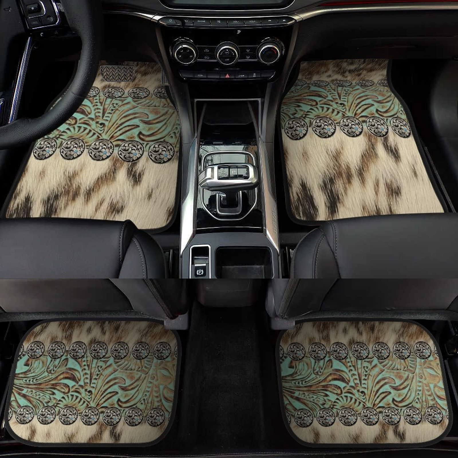 LONSANT Universal Car Floor Mats Set of 4,Rustic Brown Beige Teal Western Country Cowboy Tooled Leather Vehicle Front Rear Carpe