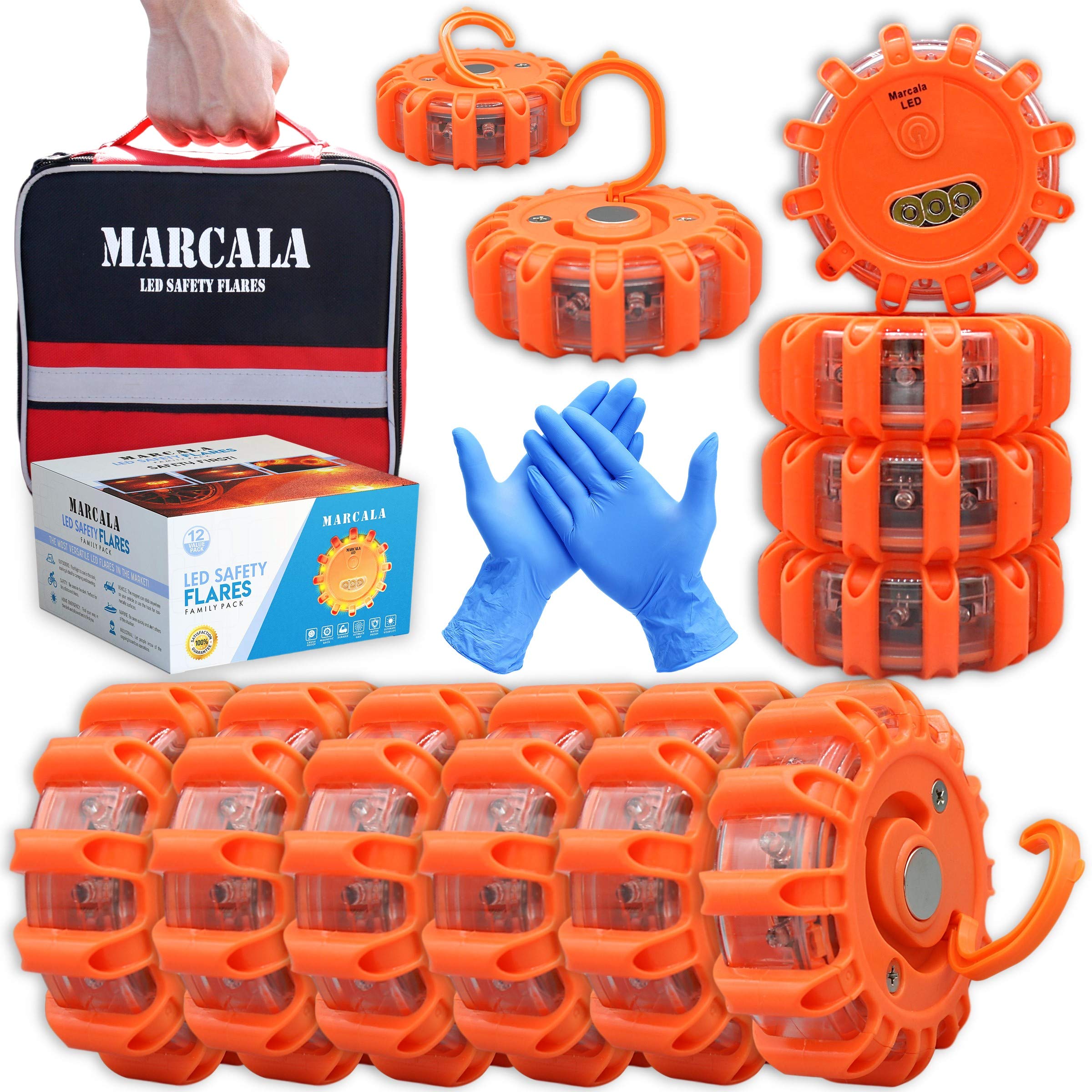 Marcala Emergency Flares For Cars 12-Pack | Roadside Emergency Car Kit With Flares | Roadside Safety Discs | Led Safety Flare Em