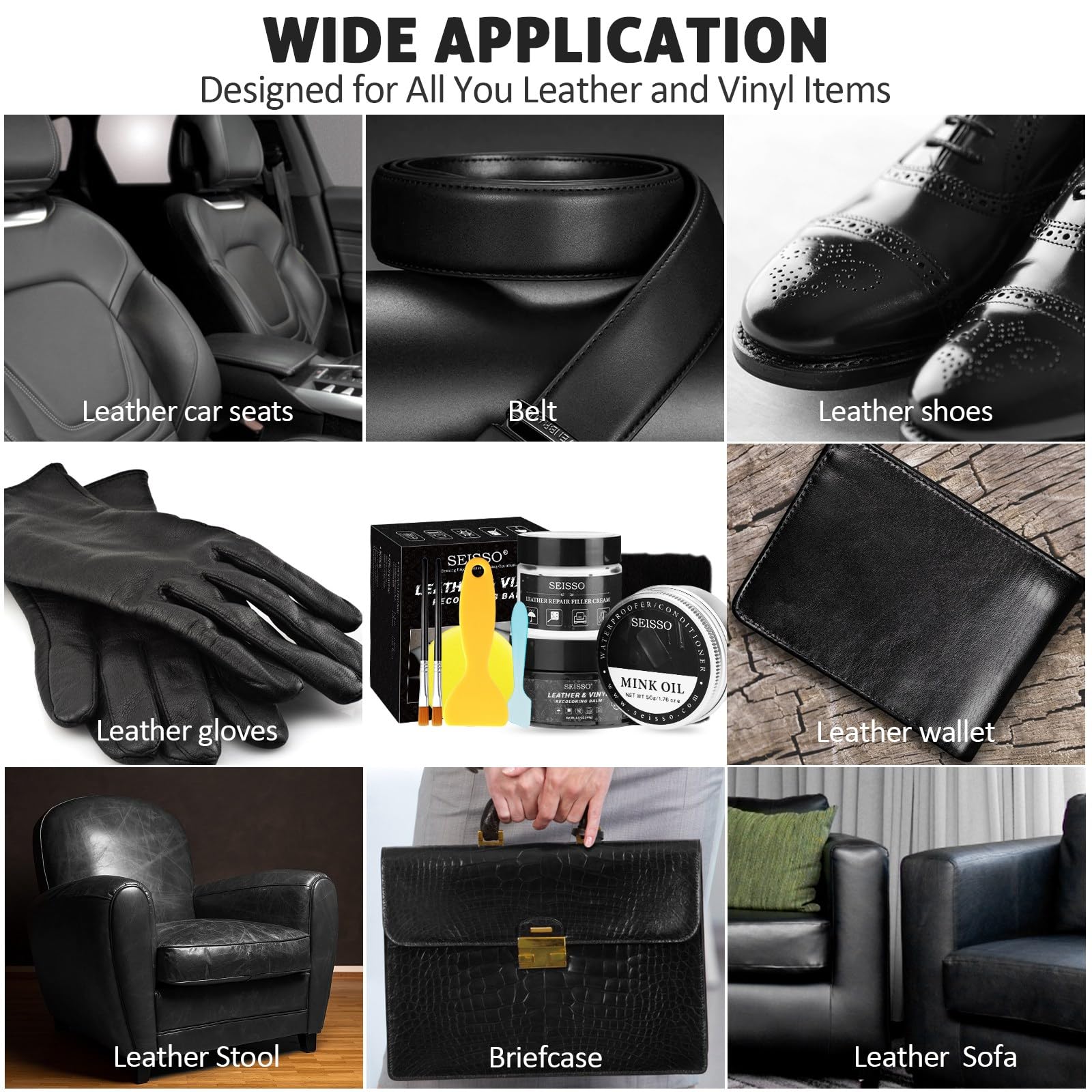 SEISSO Leather Repair Kit for Furniture, Black Vinyl Repair Kit with Mink Oil, Car Interior Leather Recoloring Balm for Scratche