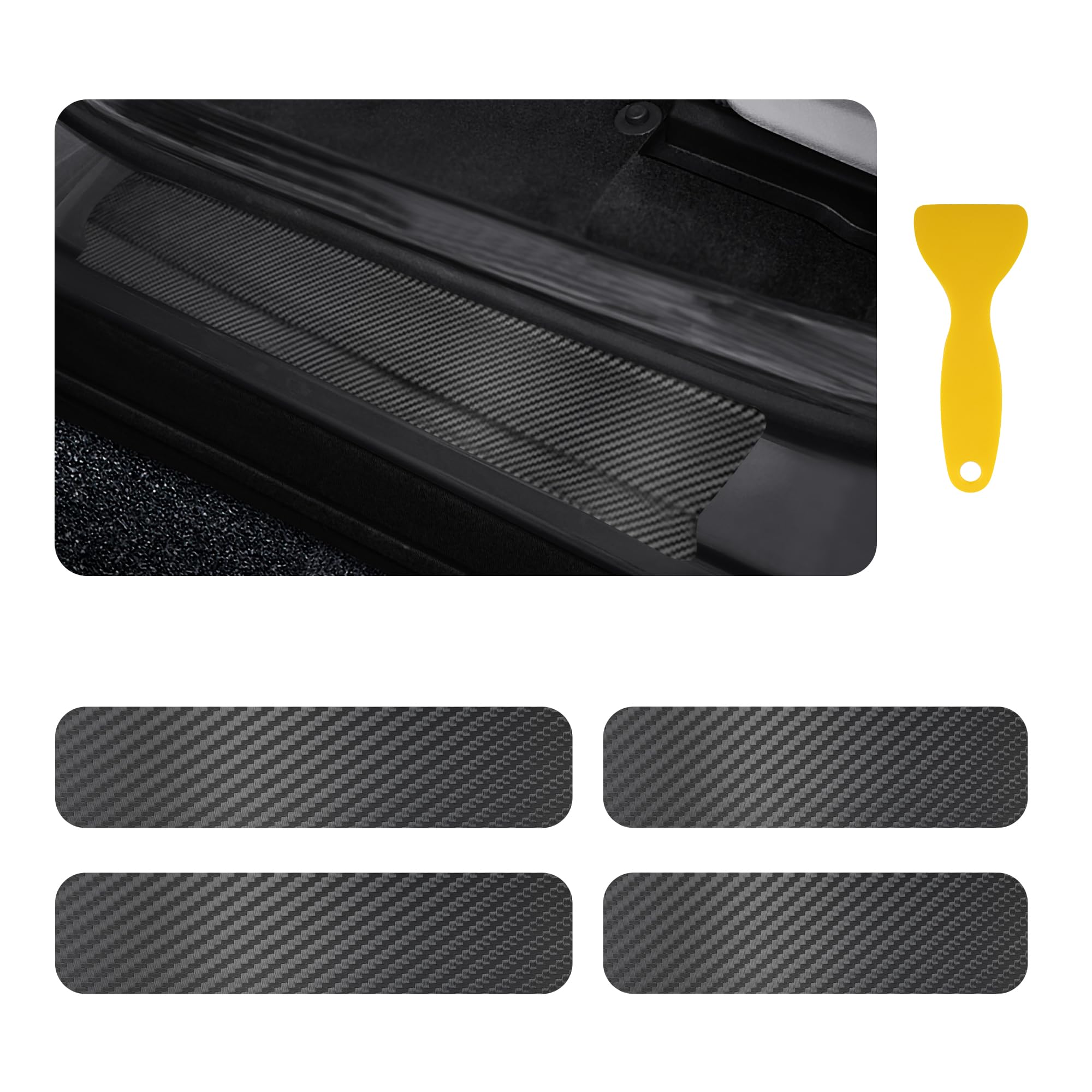 4PCS Car Door Sill Protector with Scraper,Carbon Fiber Car Door Protector Edge Guards for Front Rear Door Sills,Universal Anti-S