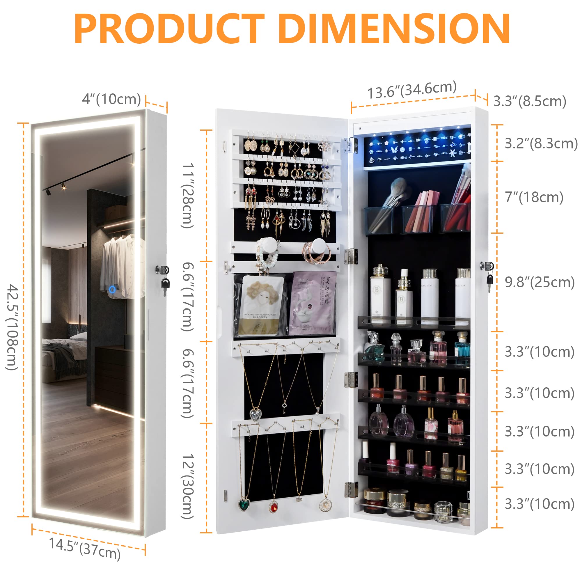LVSOMT LED Mirror Jewelry Cabinet - Wall/Door Mount Organizer, Full Length, White, Model 6202-8, Wood Material