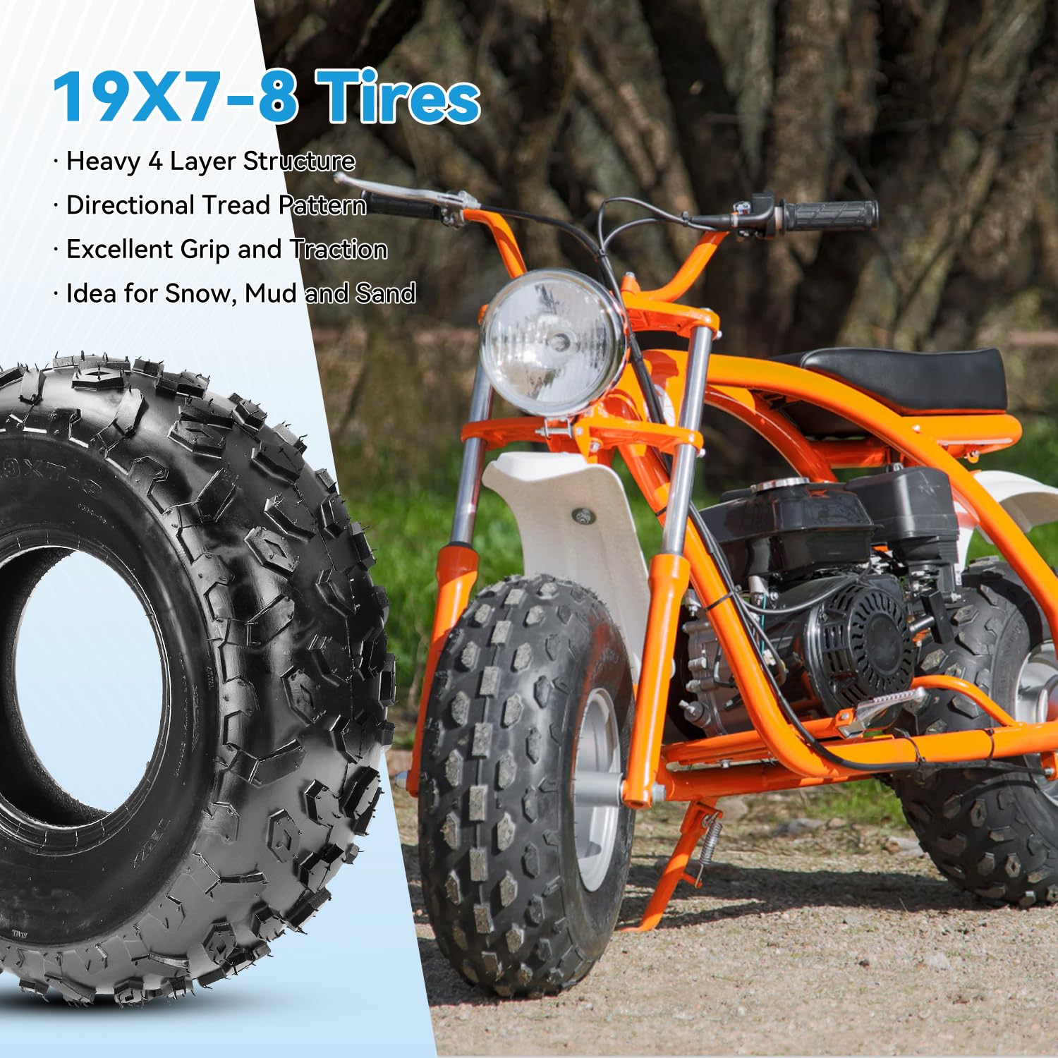 EOPOAYI Mini Bike Tire Tubeless Replacement 19x7-8 for Coleman CT200U, BT200X, Baja Warrior, MB200, Coolster 110cc/125cc ATV
