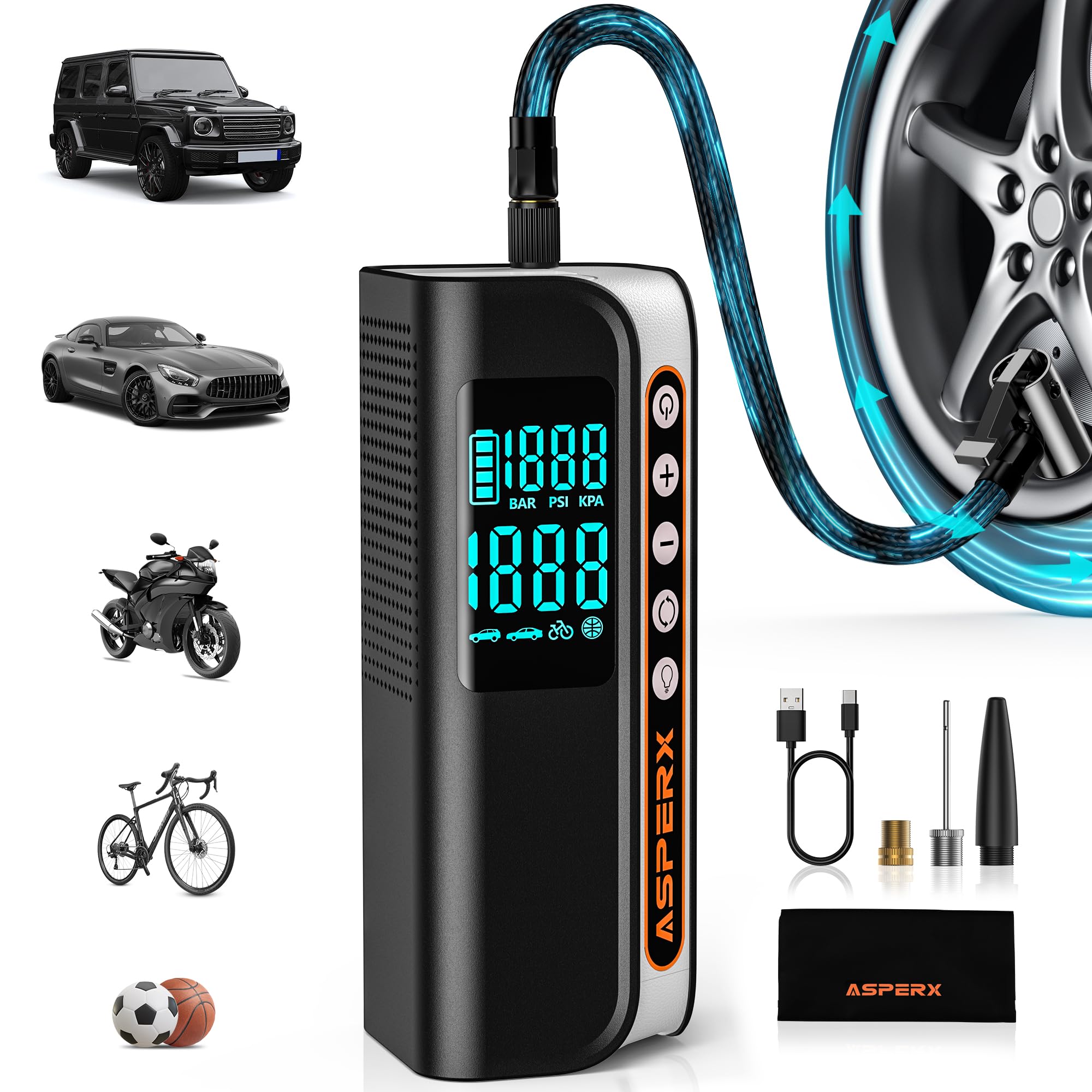 Asperx Tire Inflator Portable Air Compressor, 160Psi & 4X Faster Portable Air Pump For Car Tires,Cordless Air Inflator With Digi