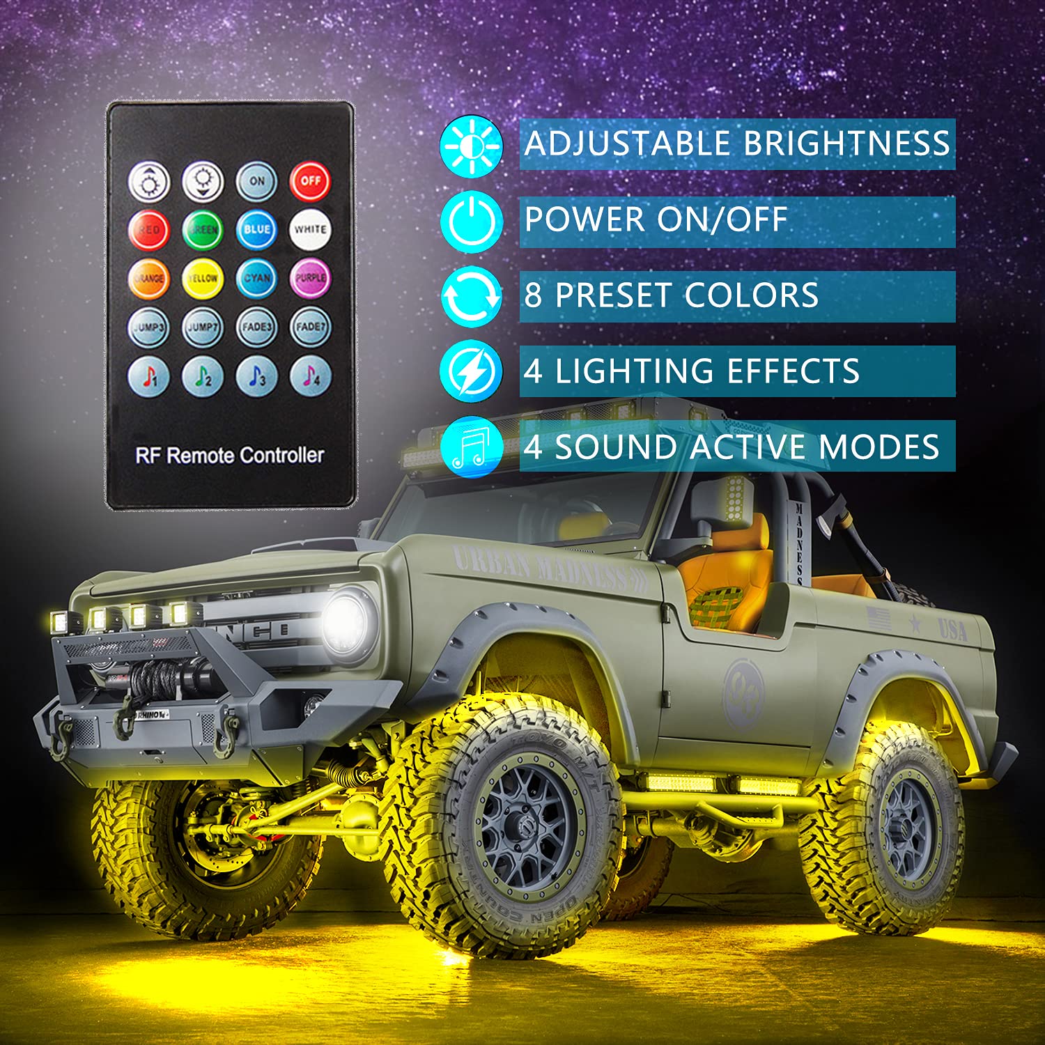 Yielinth Smart Exterior Car Lights,16 Million Colors Music Mode Neon Accent Lights Strip ,Waterproof Underglow Kit For Car With App & Rf Remote Control,Dc 12V