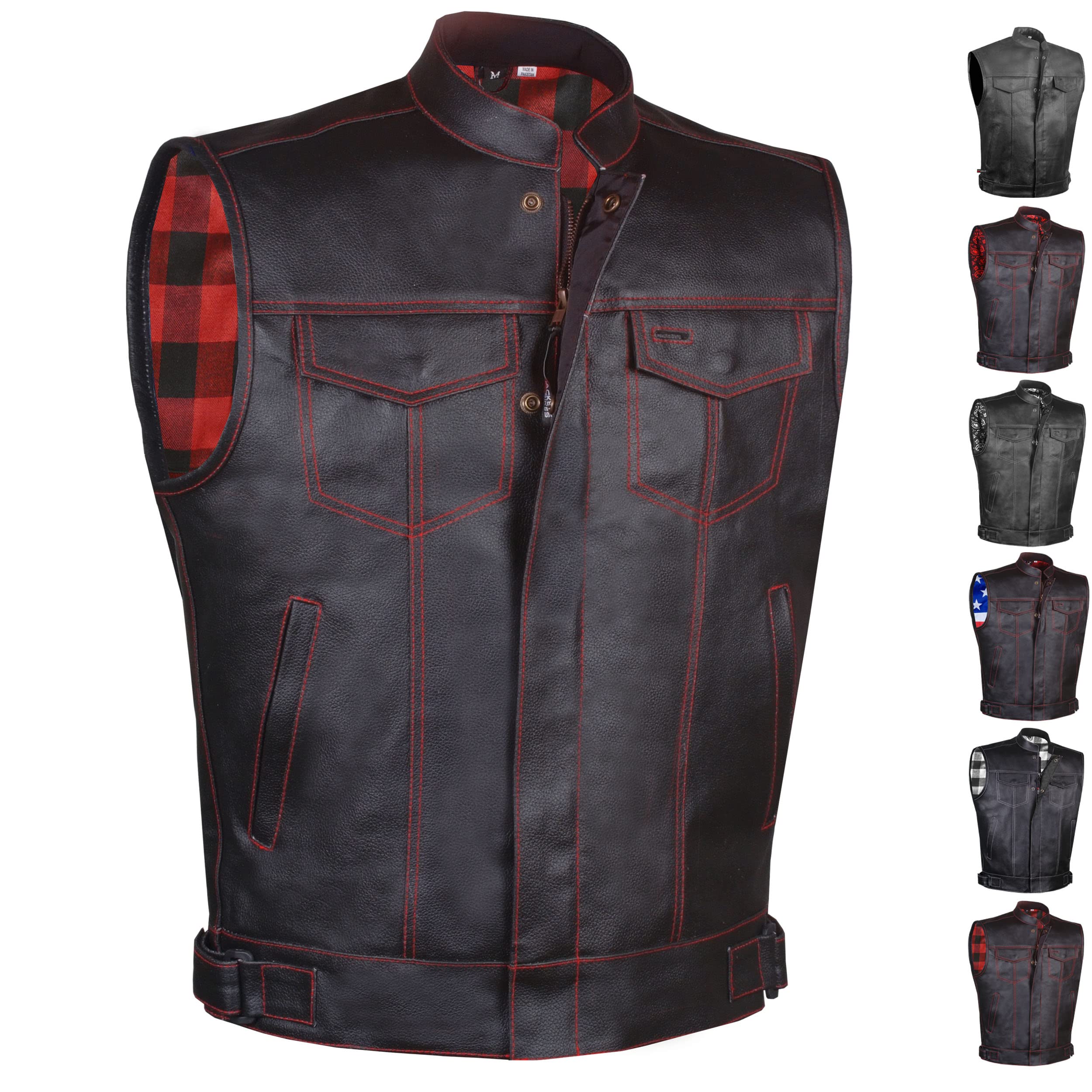 Soa Men 'S Premium Leather Motorcycle Vest With Biker Club Concealed Carry Gun Pockets W/Armor Flannel Red 3Xl