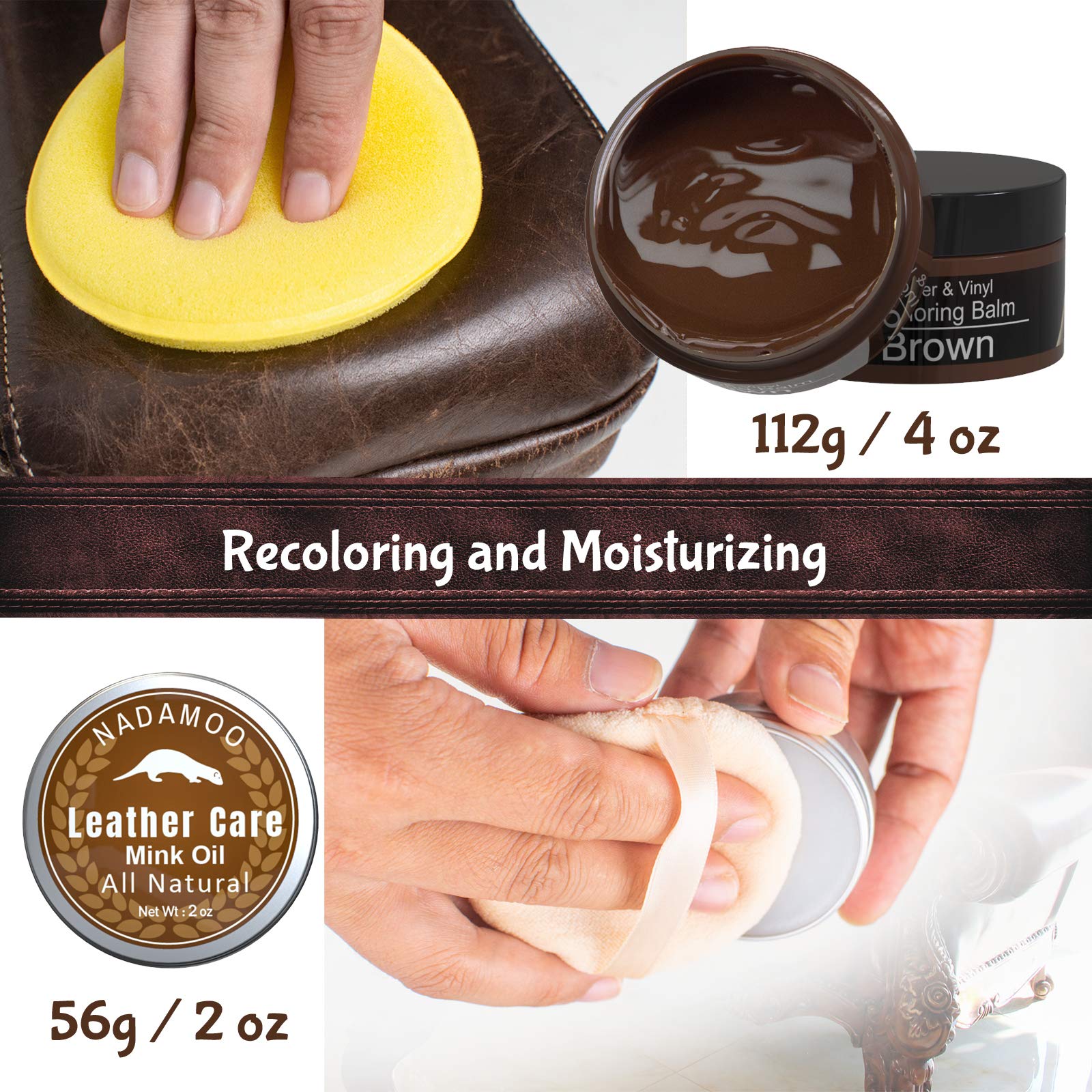 NADAMOO Brown Leather Recoloring Balm with Mink Oil - Leather Conditioner & Repair Kit for Couches, Car Seats, Shoes