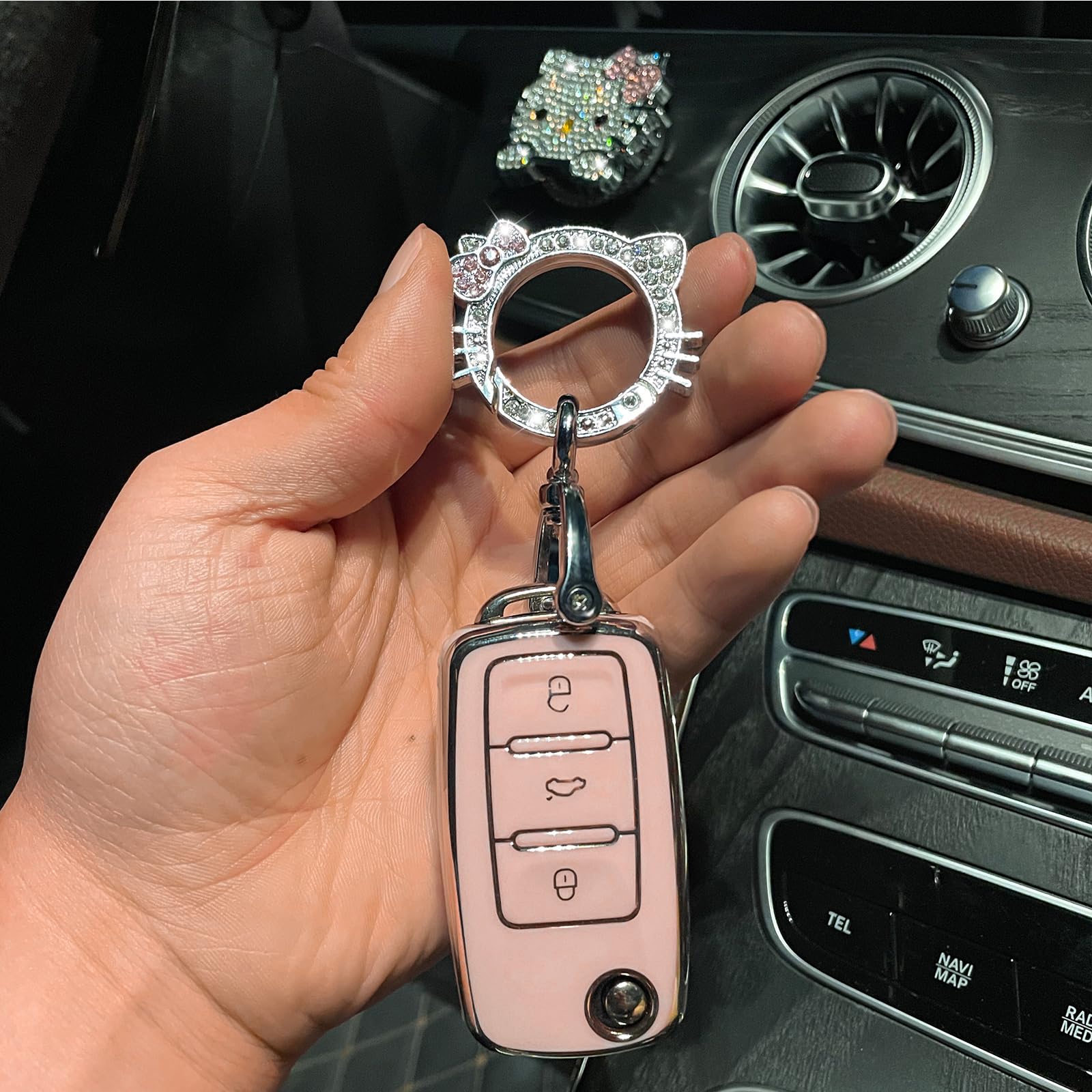 Pangpai Pink Car Accessories - 3 Pcs Key Fob Cover & Bling Keychain for VW Jetta Golf Polo MK6 Passat Tiguan Beetle, Soft TPU, Zinc Alloy