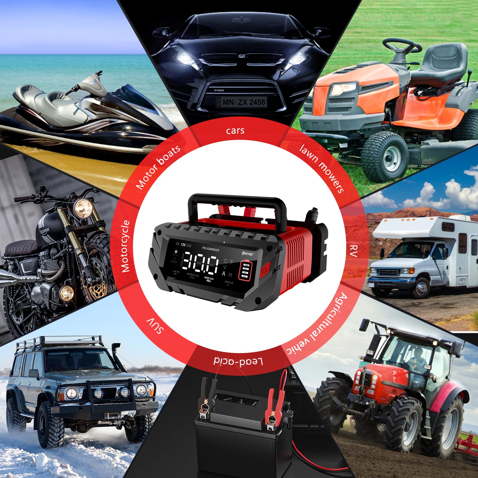 30 Amp Battery Charger, 6V/12V/24V Smart trickle Charger,car Battery Charger,Lithium, Lifepo4, Lead Acid (AGM/Gel/SLA...) Batter