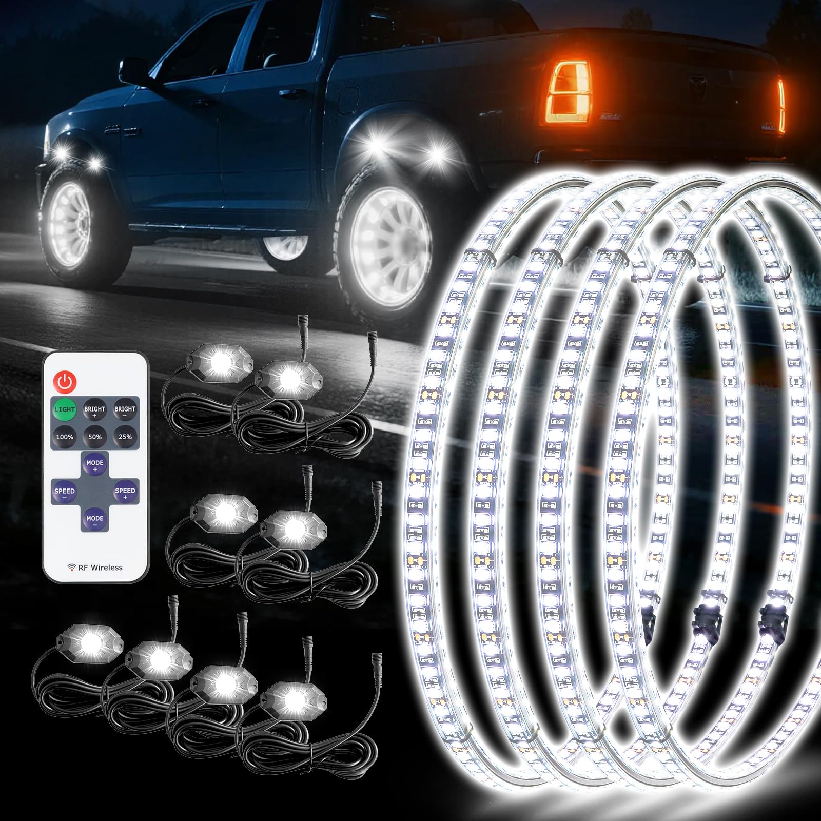 Beatto Pure White 8Pods Rock Lights and 17inch Double Row Wheel Ring Lights Combo 6000K LED Underglow Light and Rim Light Kit Fi
