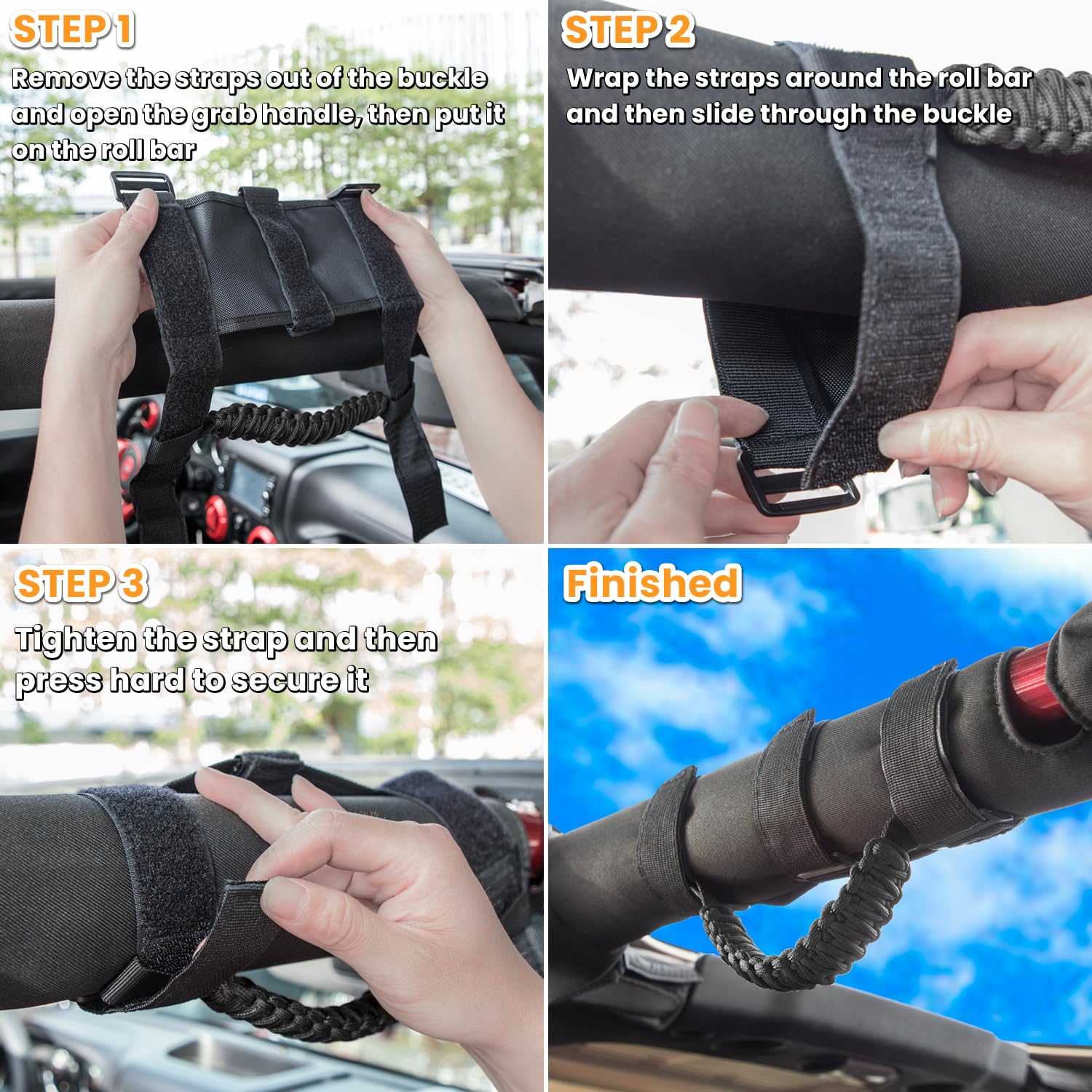 E-Cowlboy 4 X Roll Bar Grab Handles Grip Handle For Jeep Wrangler Yj Tj Jk Jku Jl Jlu Sports Sahara Freedom Rubicon Unlimited X Gladiator Jt 1955-2023 Utv Atv Premium Paracord (Black)