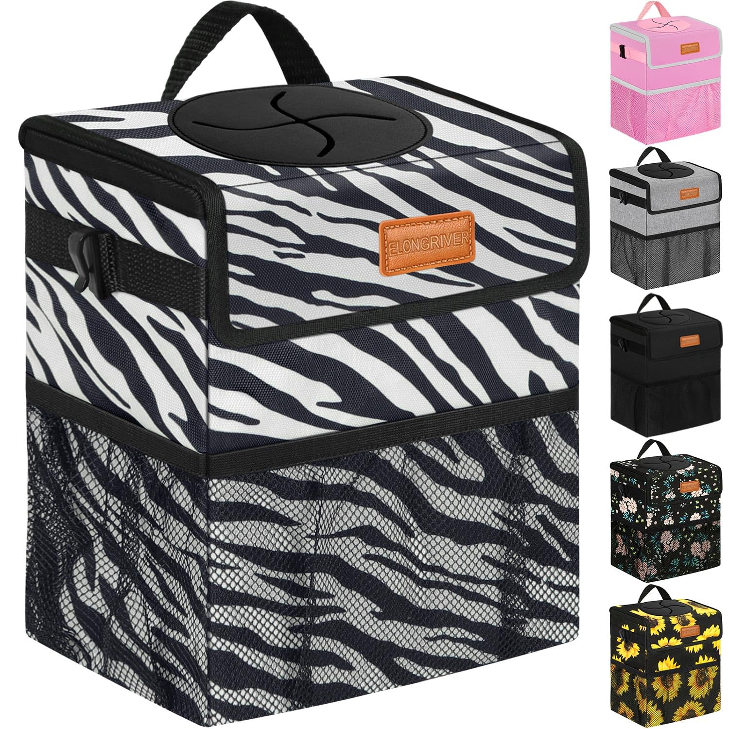 Elongriver Car Trash Can For Car With Lid, Car Organizer Can Trash Bag Hanging Leak Proof Vehicle Trash Can Zebra