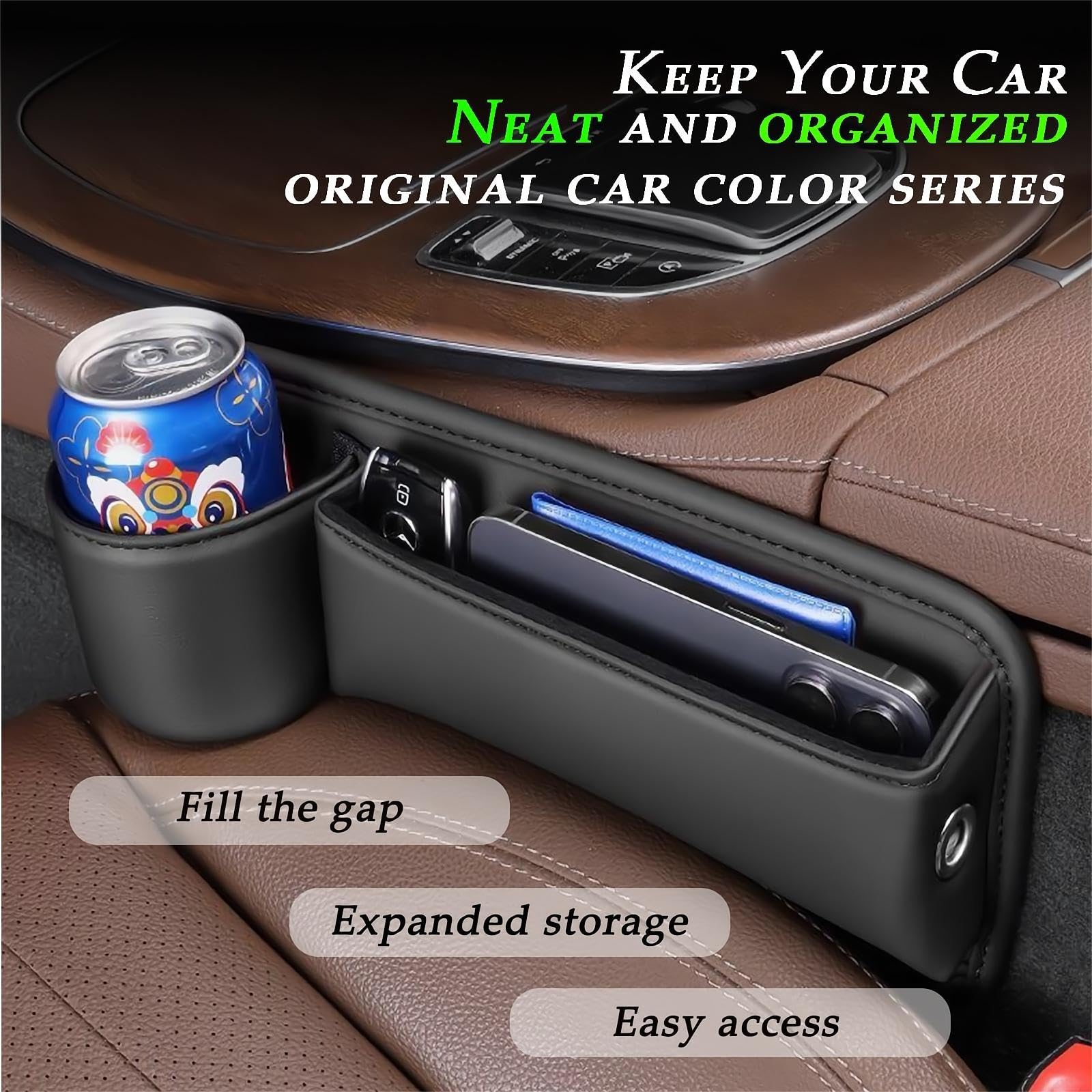 Leqbo Car Seat Gap Filler With Cup Holder,Leather Car Seat Gap Organizer,Front Car Seat Storage Box For Phones,Keys, Wallet, Sun