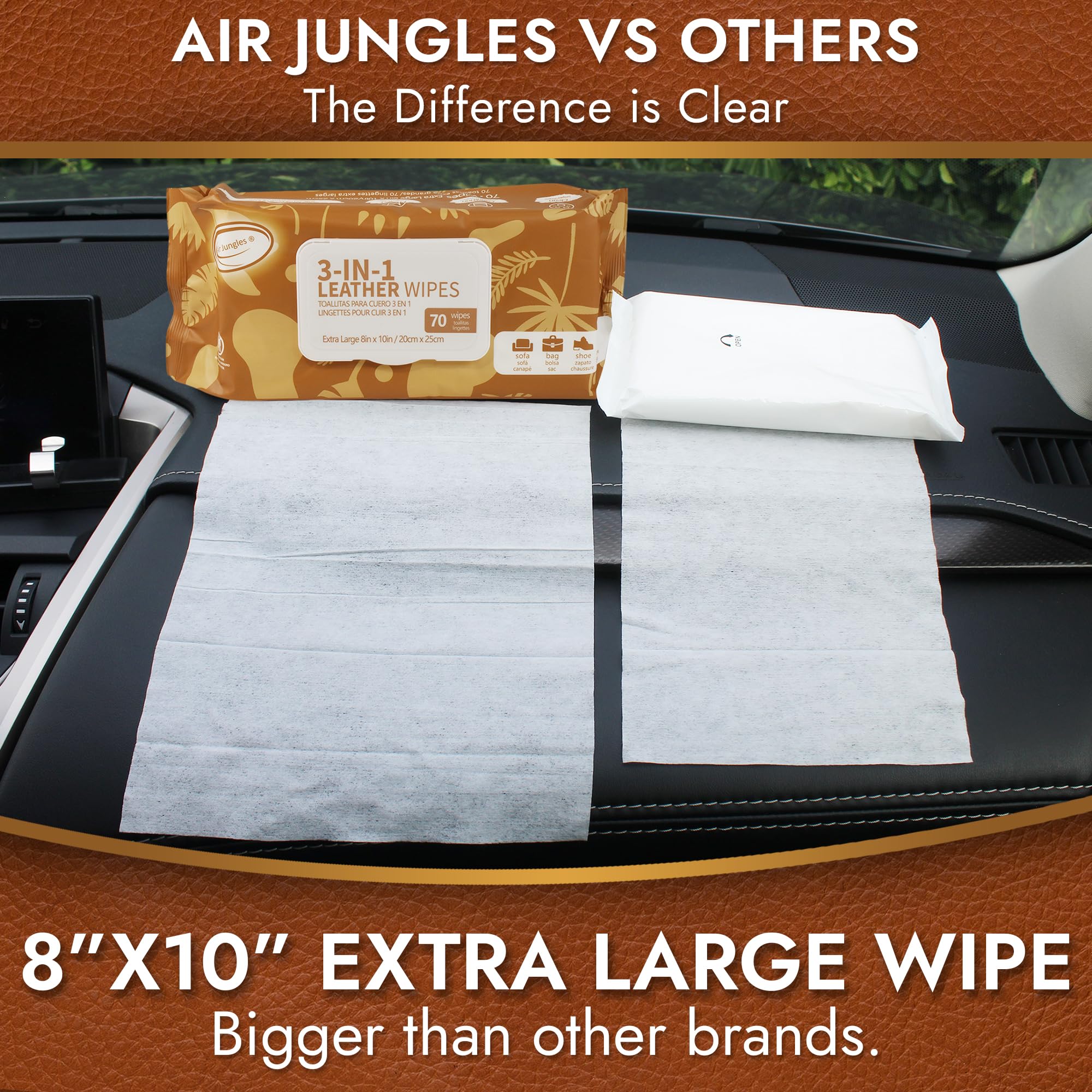 Air Jungles 3in1 Leather Cleaner Wipes - Extra Large 8" x 10", 70 Count, Ideal for Vinyl, Furniture, Auto Interior, Shoes, and Bags