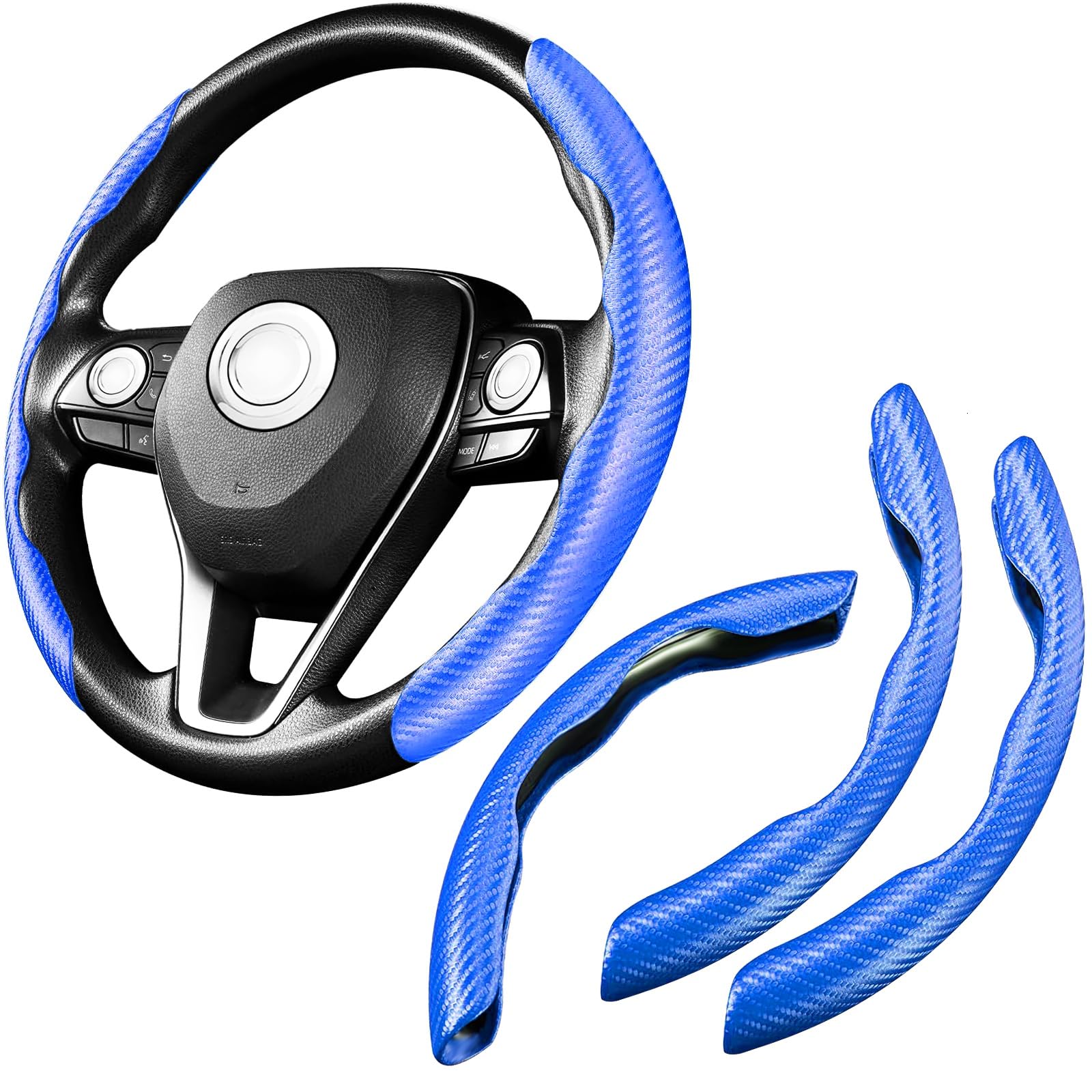 WSSROGY 3 Pack Anti-Skid Segmented Carbon Fiber Car Steering Wheel Cover Protector Universal for Most Car Wheel (Blue)