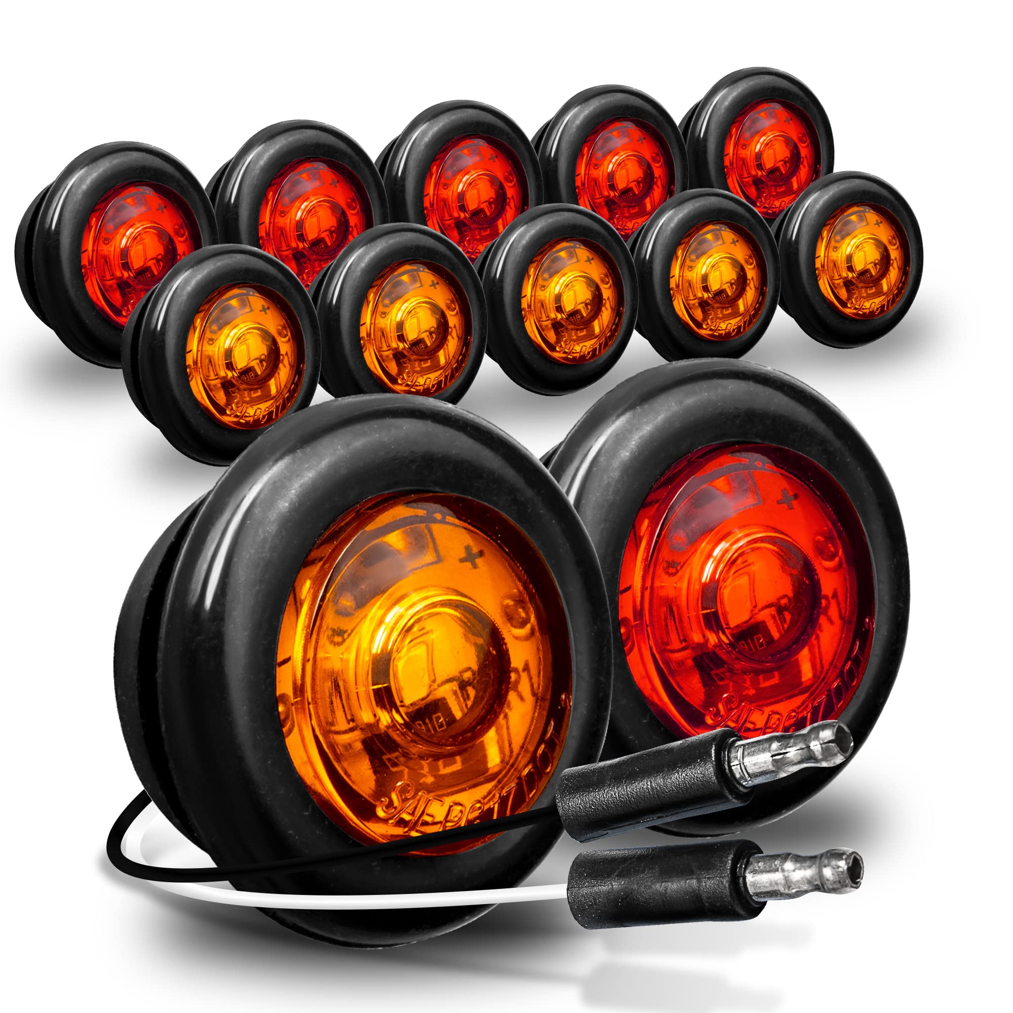 TRUE MODS 12pc 3/4'' Inch Round Amber + Red Trailer 12V LED Marker Light [DOT FMVSS 108] [SAE P2PC] [Semi-Spherical Output] [IP6
