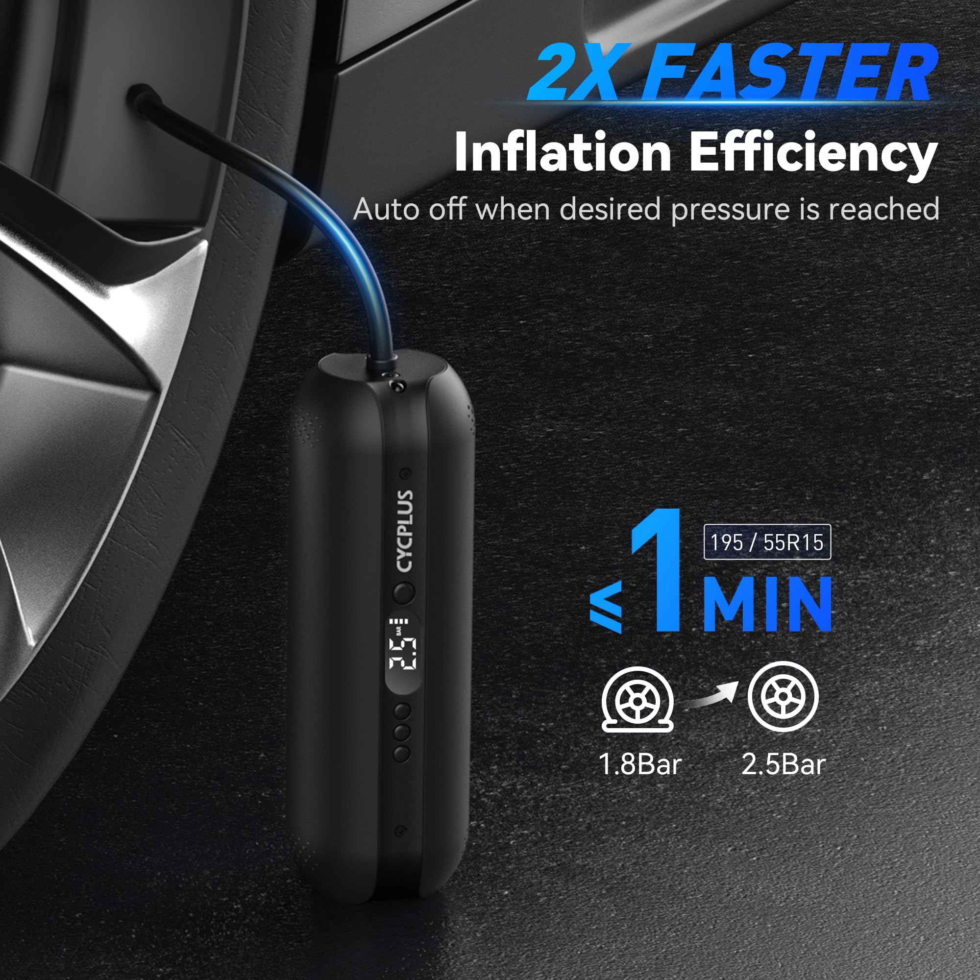 CYCPLUS Portable Tire Inflator 150PSI Air Compressor - Large Black, Model AL1, LCD Display, LED Light, DC/AC for Car/Motorcycle/E-Bike/Ball