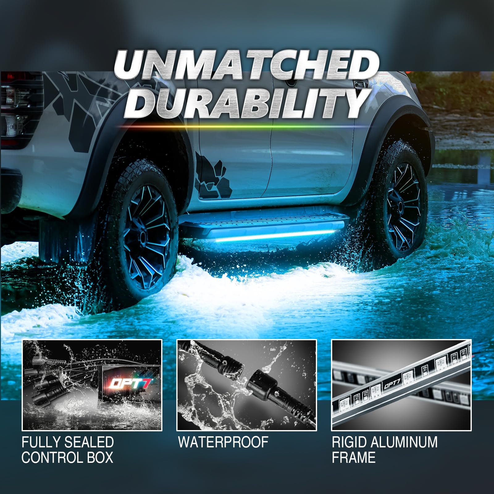 OPT7 Aura Pro Underglow LED Lights Kit for Truck - RGB, Waterproof Aluminum, 8PC, App & Remote Control