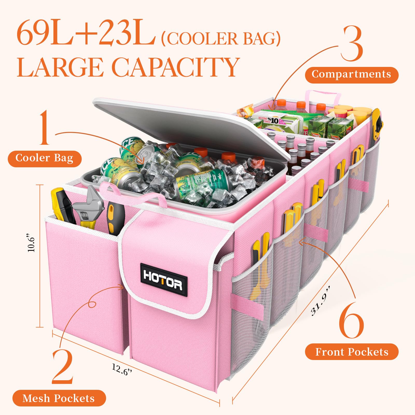 HOTOR Trunk Organizer with Cooler, Large Pink Polyester, 3 Compartments, Model US11052, 30.90”×12.60”×10.63”