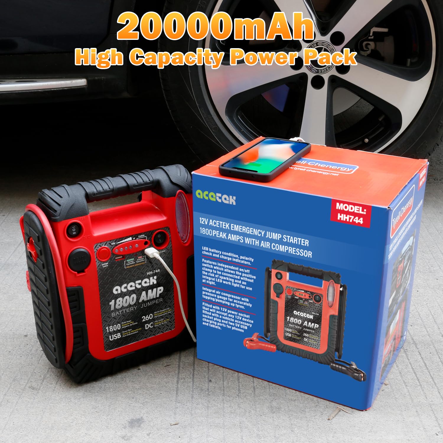 acetek 1800 Amp Jump Starter with Air Compressor & 260 PSI Tire Inflator, 20000mAh, LED Light, USB, Model HH-744