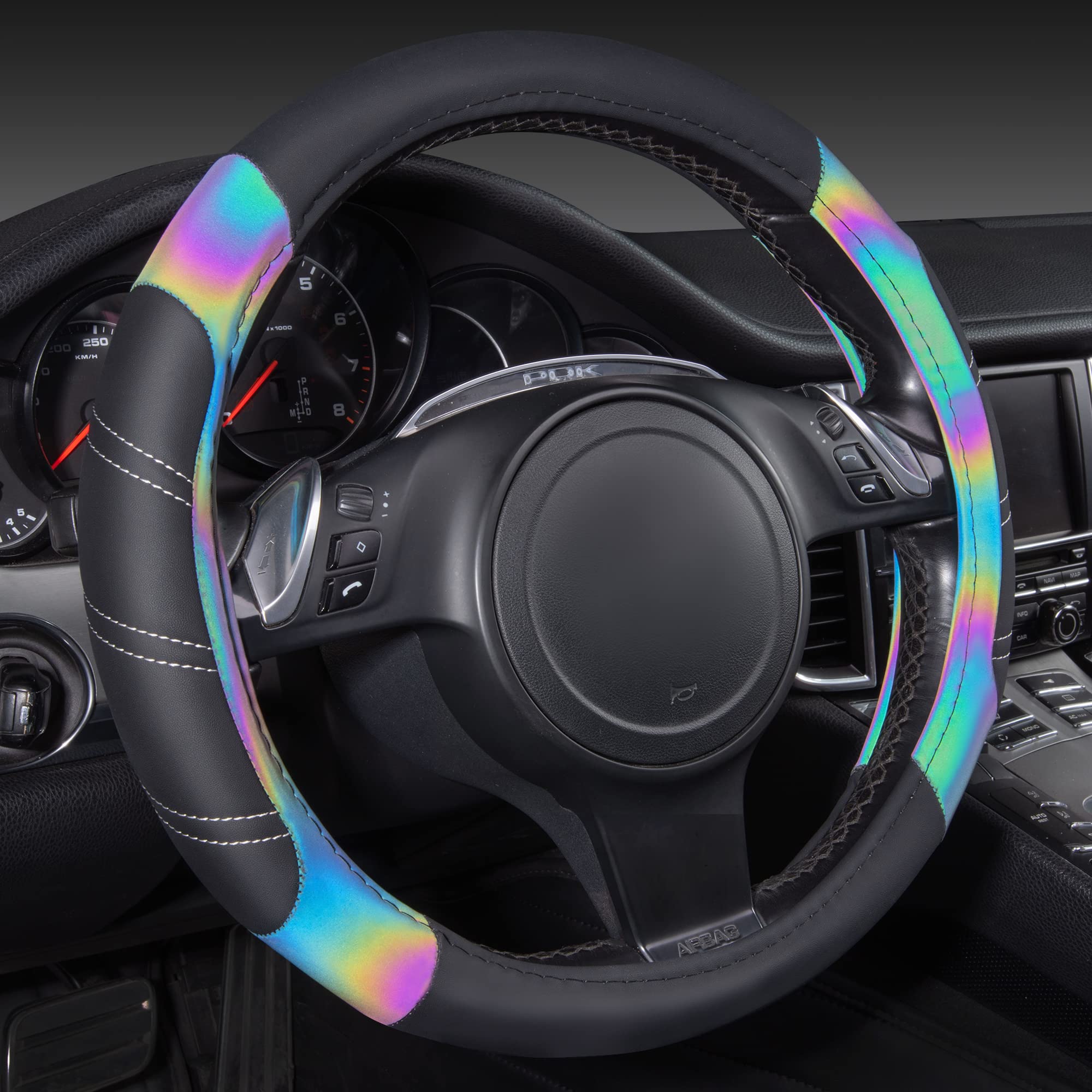 Car Pass Line Rider Microfiber Leather Sporty 14.5-15 Inch Steering Wheel Cover Universal Fits For 95% Truck,Suv,Cars, Anti-Slip