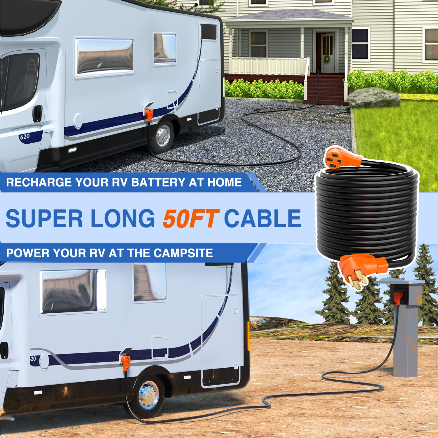 Nilight 50 Amp 50Ft Ev/Rv Extension Cord 250V Heavy Duty 6/3+8/1 Gauge Pure Copper Stw Wire Ul Etl Listed 4 Prong 14-50P 14-50R