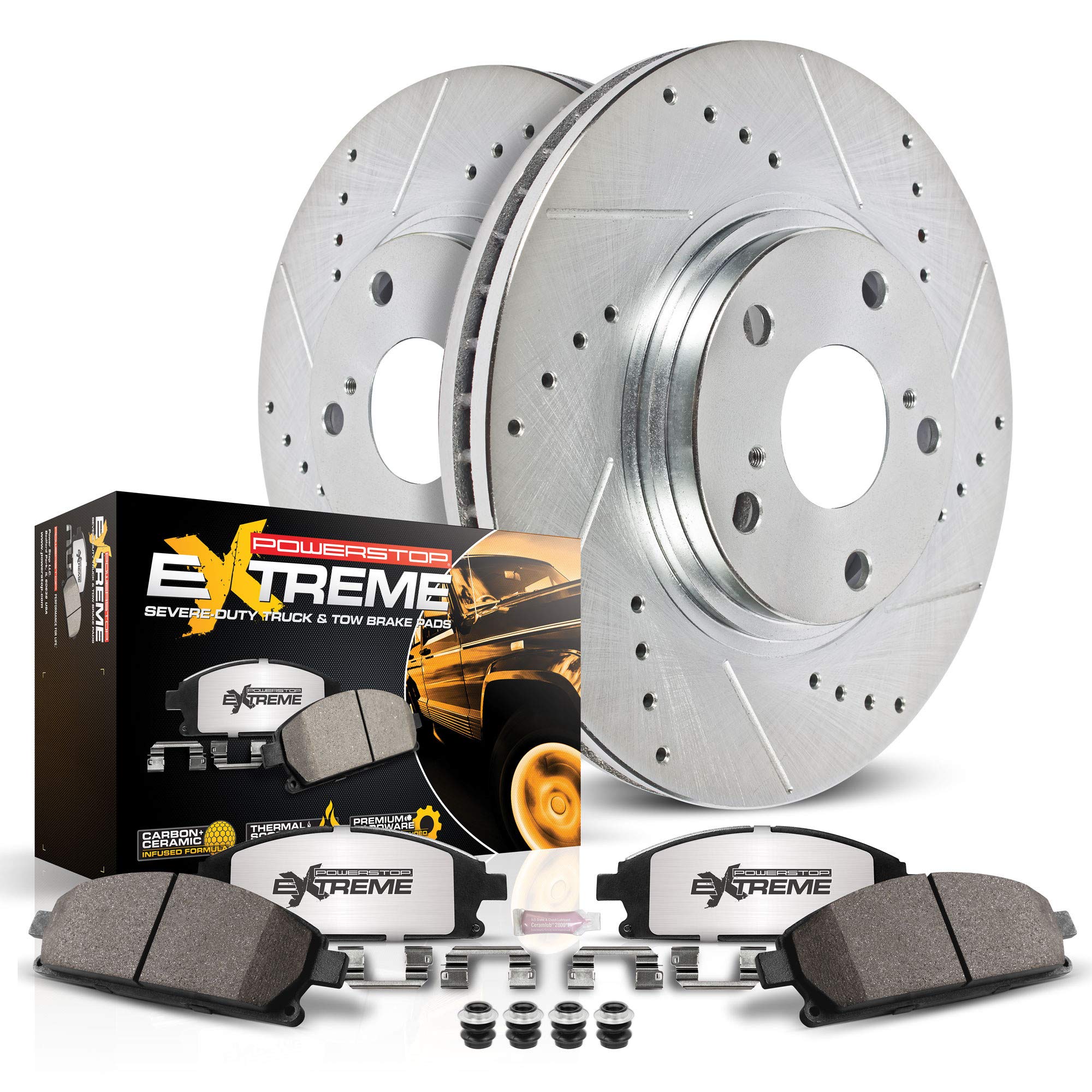 Power Stop K6321-36 Front Z36 Truck & Tow Brake Kit, Carbon Fiber Ceramic Brake Pads And Drilled/Slotted Brake Rotors