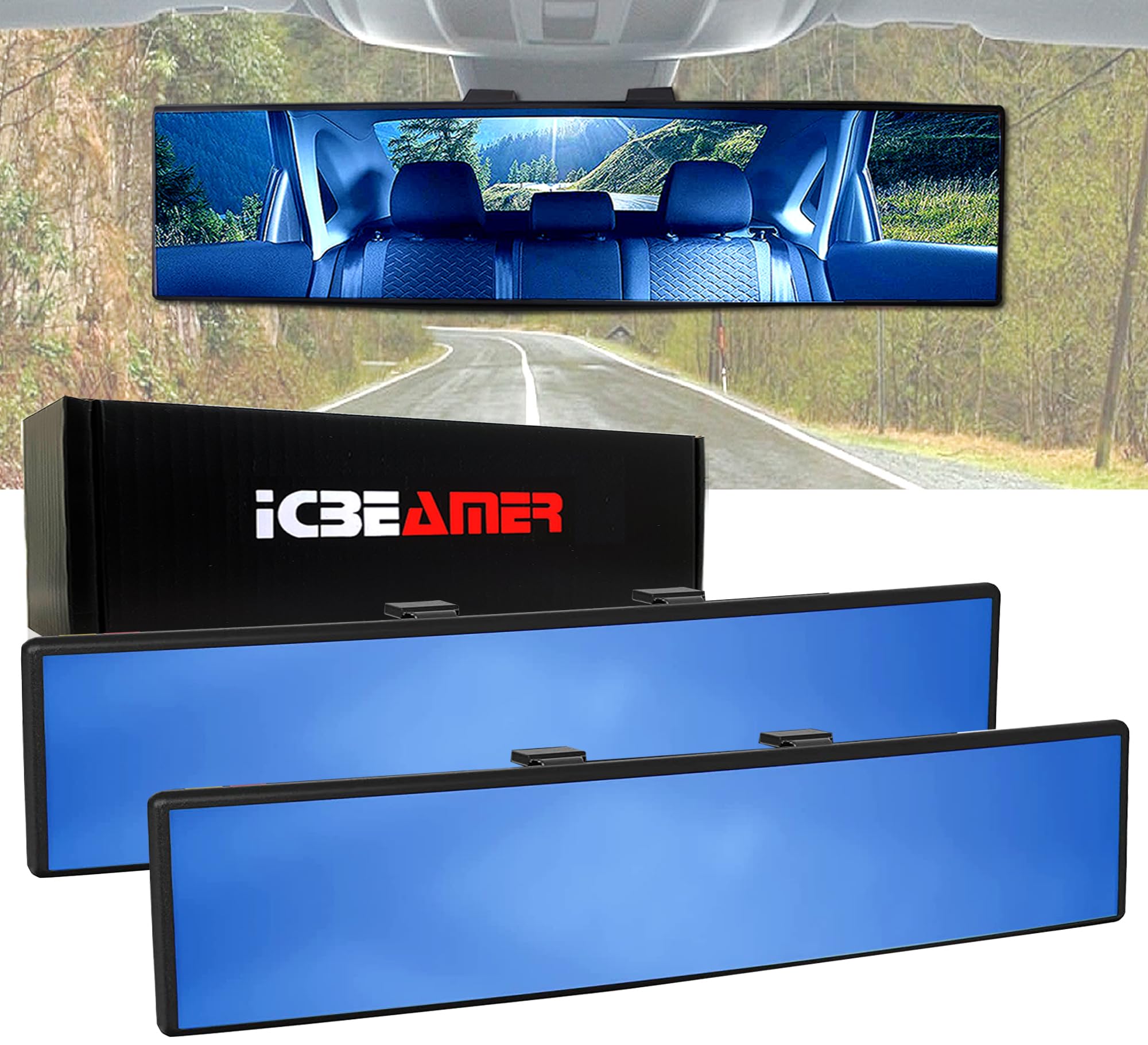Icbeamer 10.6'' Car Rear View Mirror, Blue Tint Flat Surface, 270Mm Panoramic Accessories, Wide Angle Blindspot For Car, Rubber