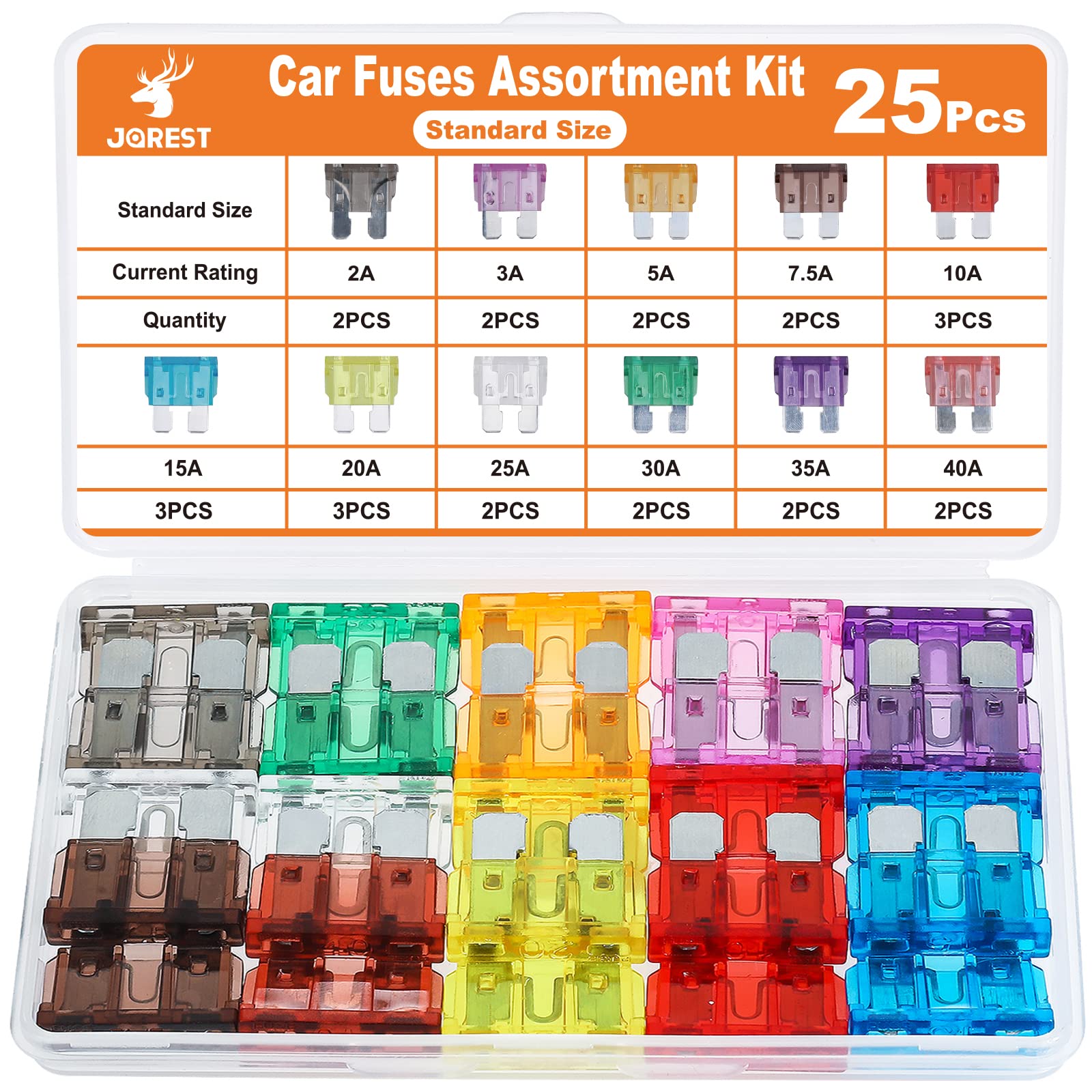 Jorest 25Pcs Standard Car Fuse Kit -Standard Blade Fuses Automotive - Replacement Fuses Assortment Kit For Car/Rv/Truck/Motorcyc