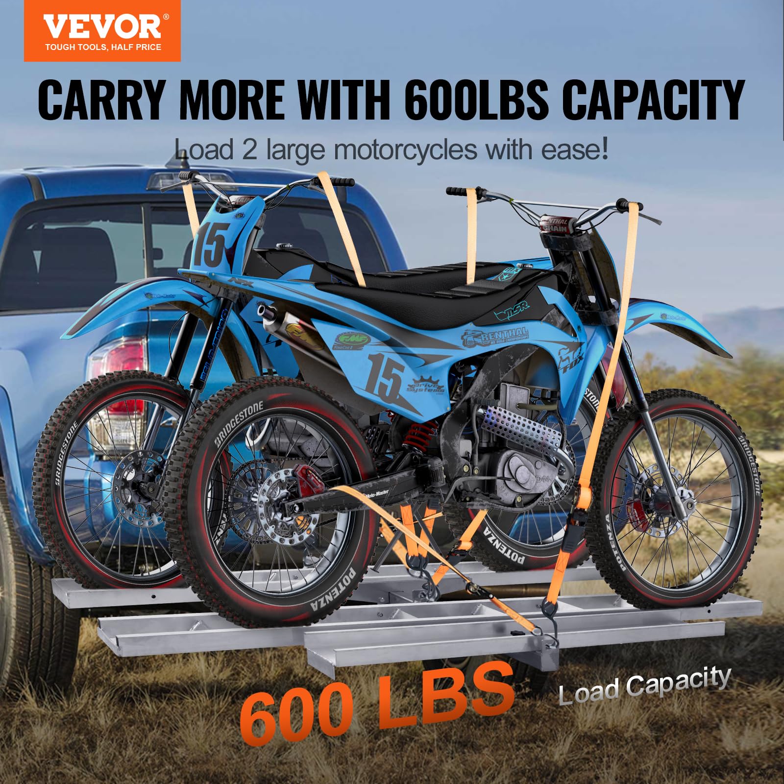 VEVOR Motorcycle Carrier for 2 Bikes, 600 lbs Aluminum, 47in Ramp, Silver, Model TD-1004-08, Hitch Mount for Car/Truck