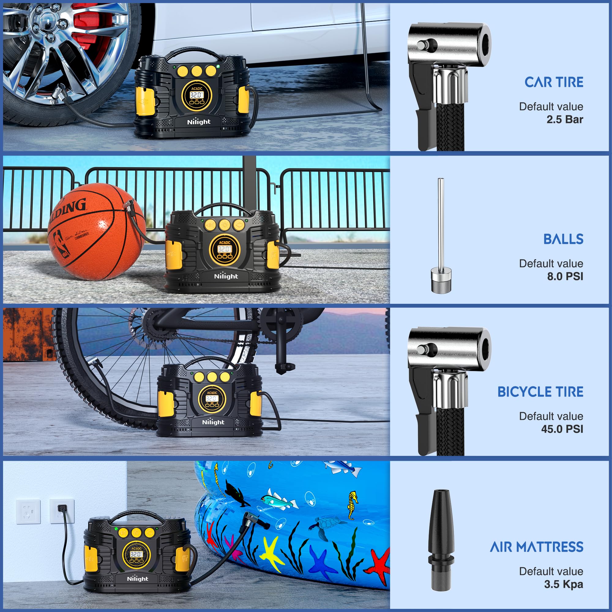 Nilight Tire Inflator Portable Air Compressor Dual Power For Car 12V Dc And Home 110V Ac Tire Pump W/Tire Pressure Gauge Fast In