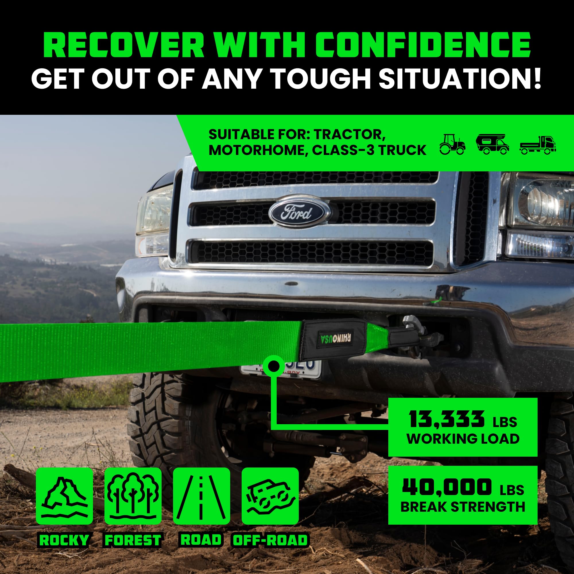 Rhino USA Recovery Tow Strap - 4" x 30', 40,320lb Break Strength, Heavy Duty Polyester Towing Strap for Diesel Trucks & Offroad Use - Green