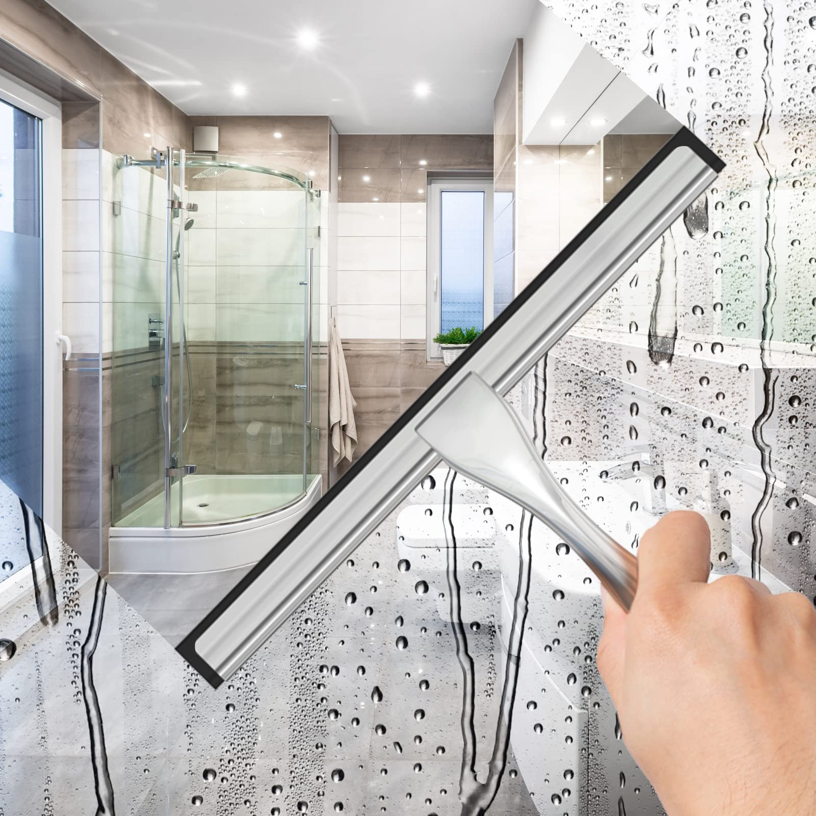 All-Purpose Stainless Steel Shower Squeegee For Shower Glass Door With 2 Adhesive Hooks, Bathroom Cleaner Tool Household Window